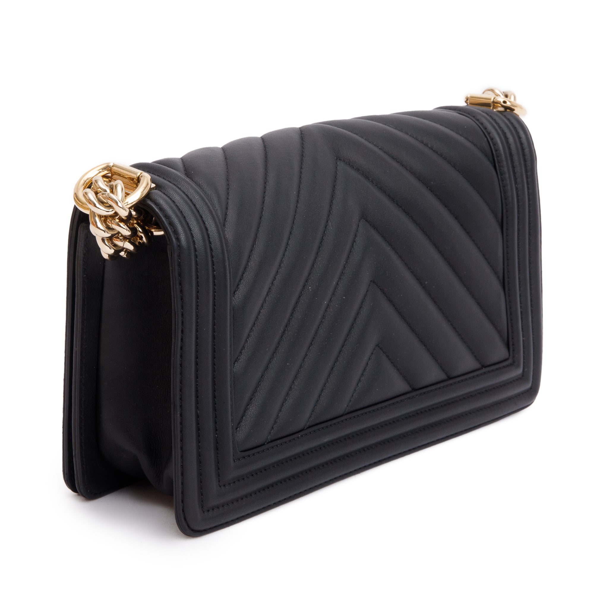 Chanel 2020 Black Chevron Quilted Lambskin Leather Medium Boy Bag w/ Box, Receipt & Authenticity Card