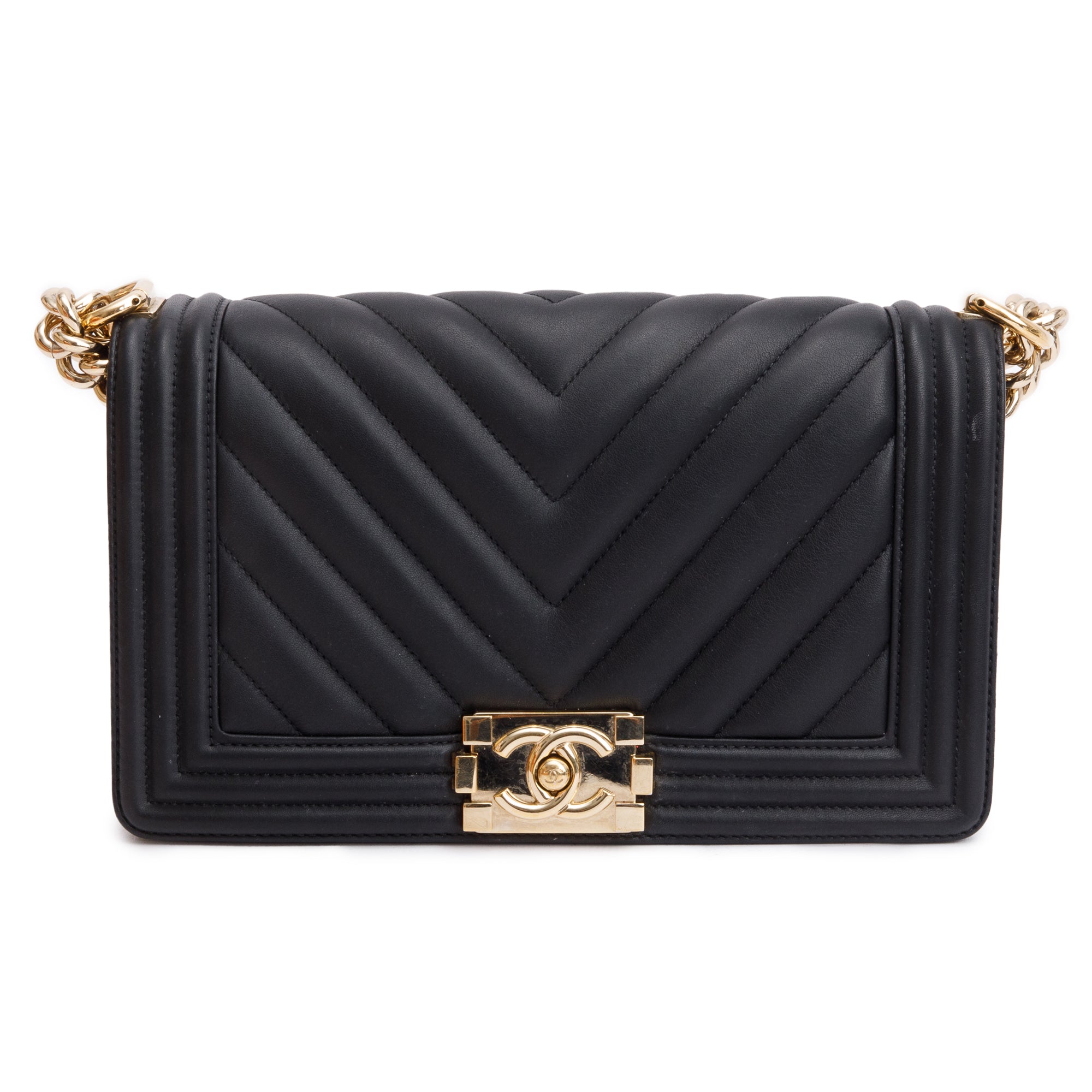 Chanel 2020 Black Chevron Quilted Lambskin Leather Medium Boy Bag w/ Box, Receipt & Authenticity Card