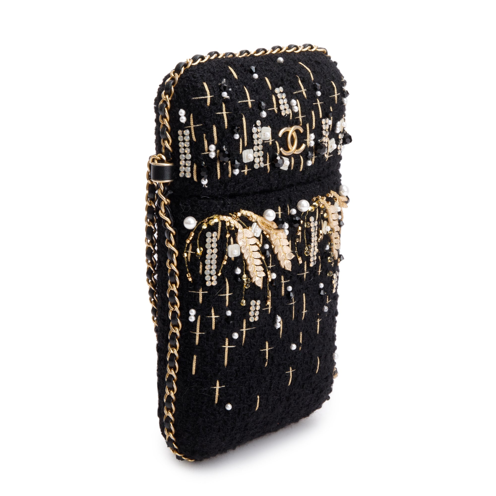 Chanel 2020 Black Jersey Faux Pearl & Crystal Embellished Clutch With Chain