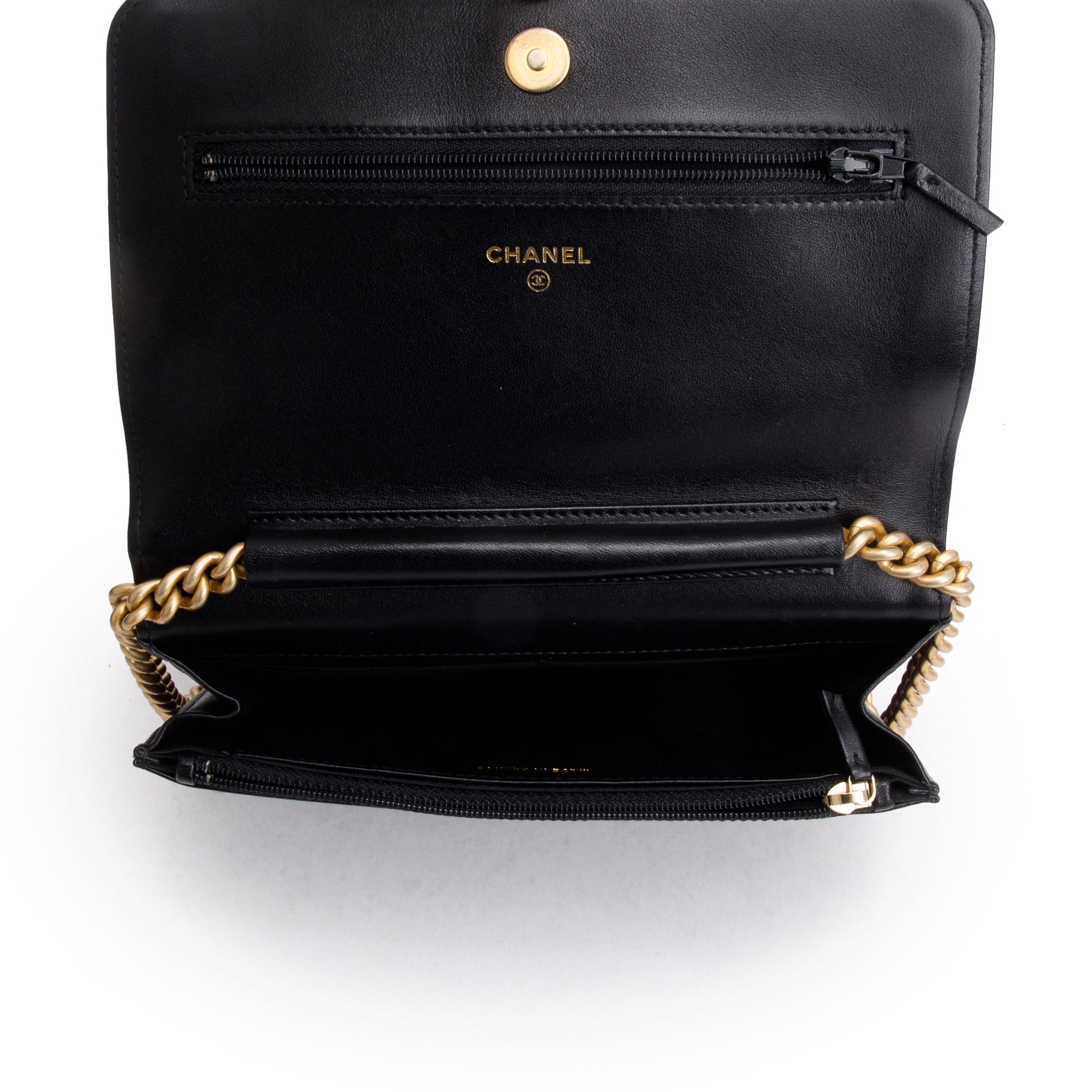 Chanel 2020 Black Lambskin Leather Boy Wallet on Chain