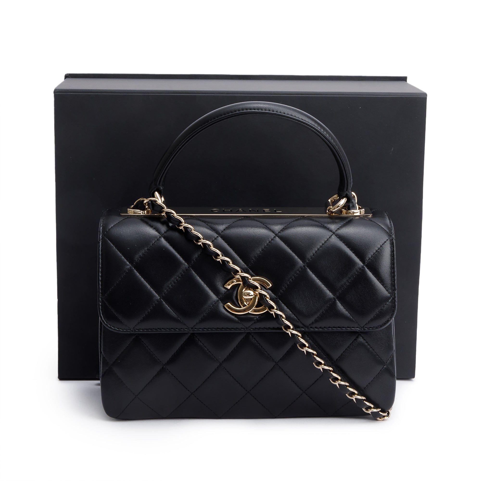 Chanel 2020 Black Quilted Lambskin Trendy CC Small Top Handle Flap Bag w/ Box & Authenticity Card