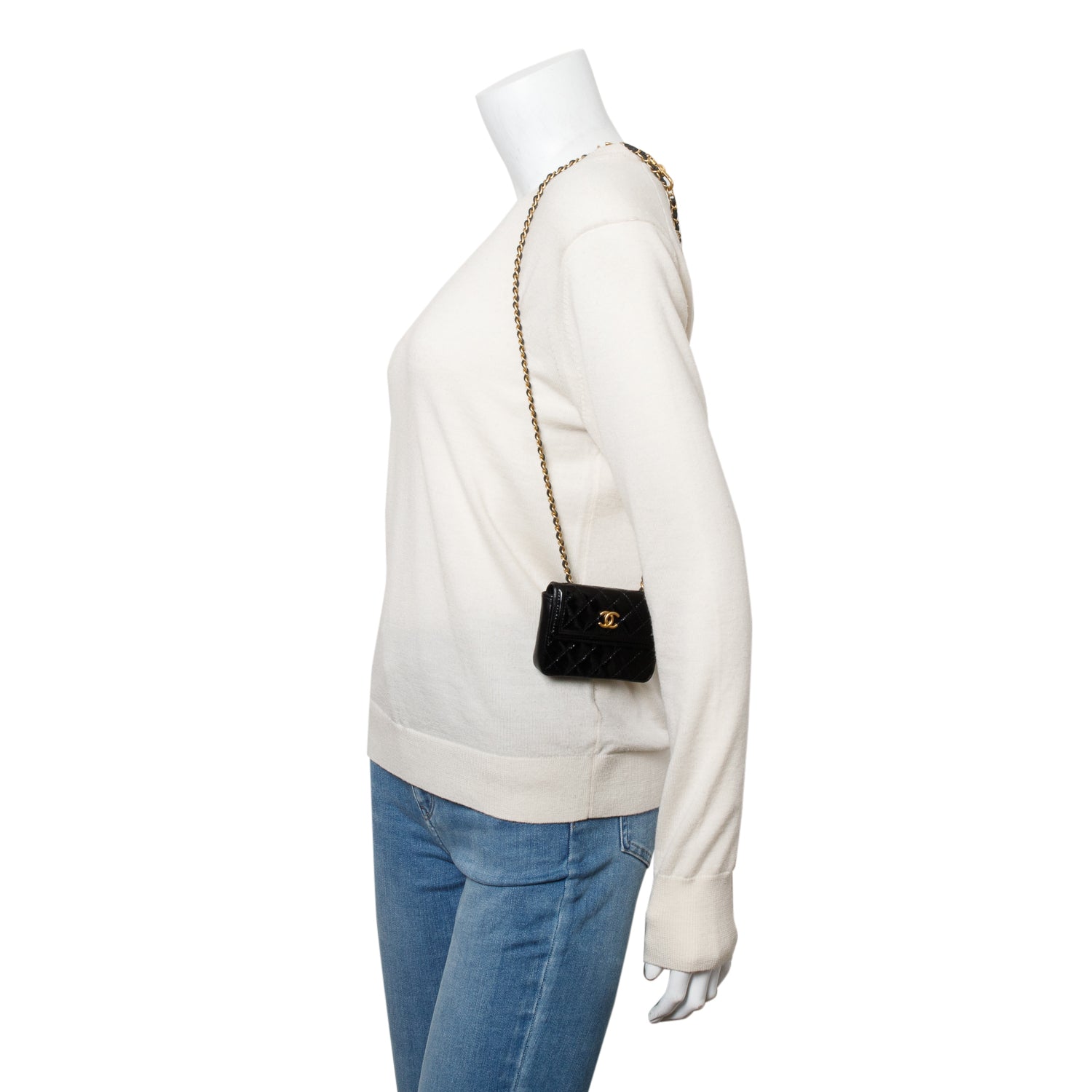 Chanel 2020 Black Quilted Shiny Aged Calfskin Leather Mini Chain Belt Bag w/ Authenticity Card