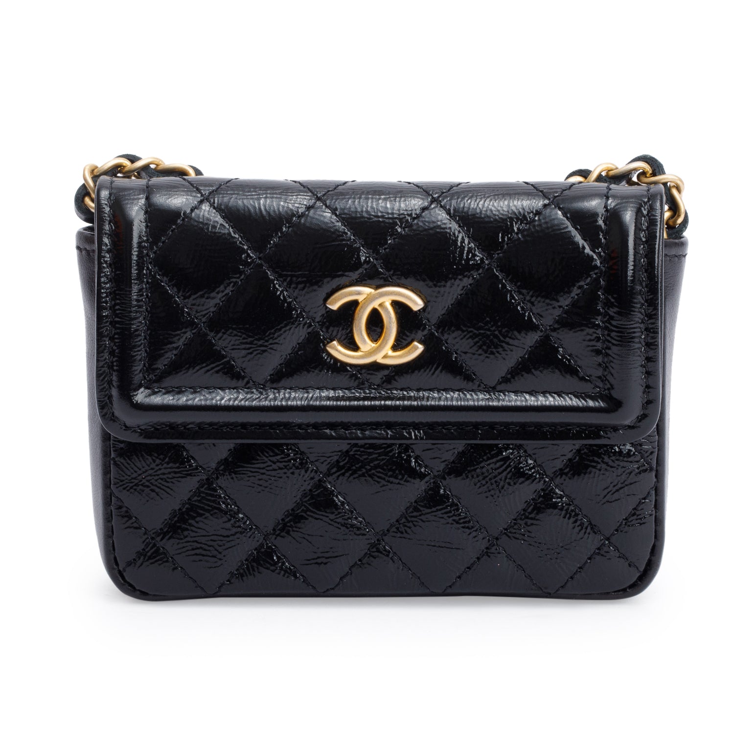 Chanel 2020 Black Quilted Shiny Aged Calfskin Leather Mini Chain Belt Bag w/ Authenticity Card