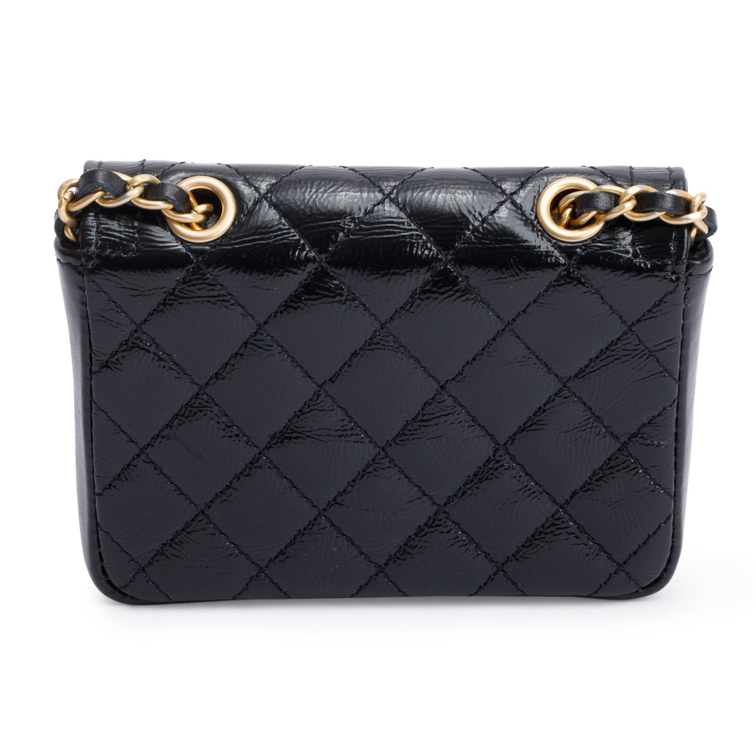 Chanel 2020 Black Quilted Shiny Aged Calfskin Leather Mini Chain Belt Bag w/ Authenticity Card