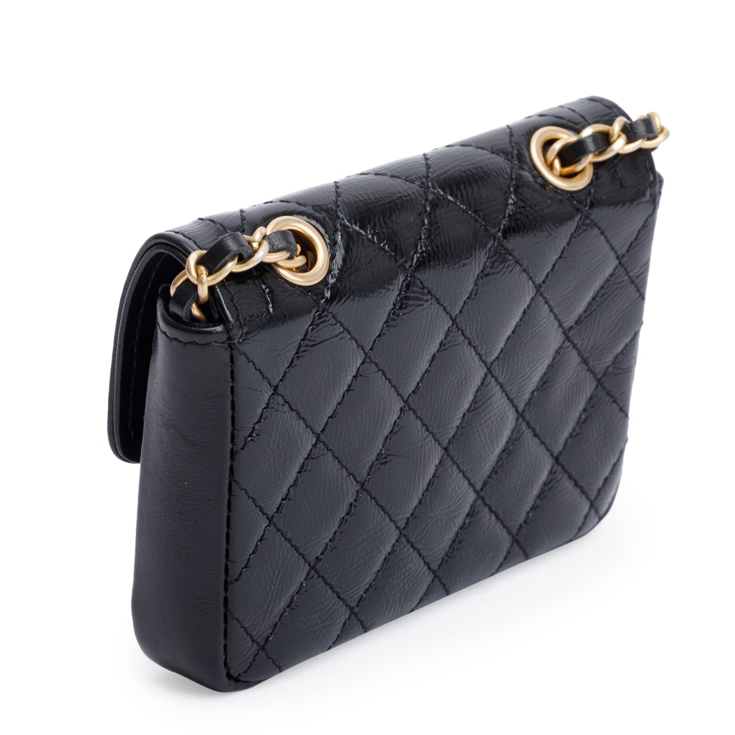 Chanel 2020 Black Quilted Shiny Aged Calfskin Leather Mini Chain Belt Bag w/ Authenticity Card