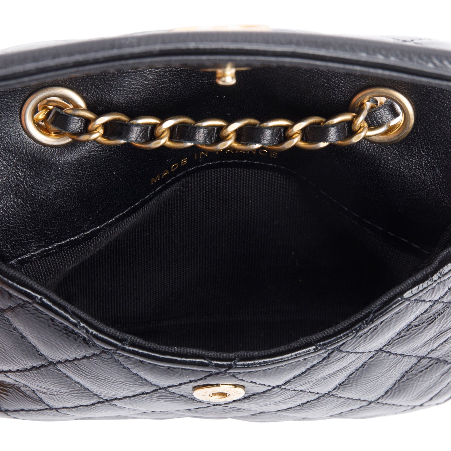 Chanel 2020 Black Quilted Shiny Aged Calfskin Leather Mini Chain Belt Bag w/ Authenticity Card