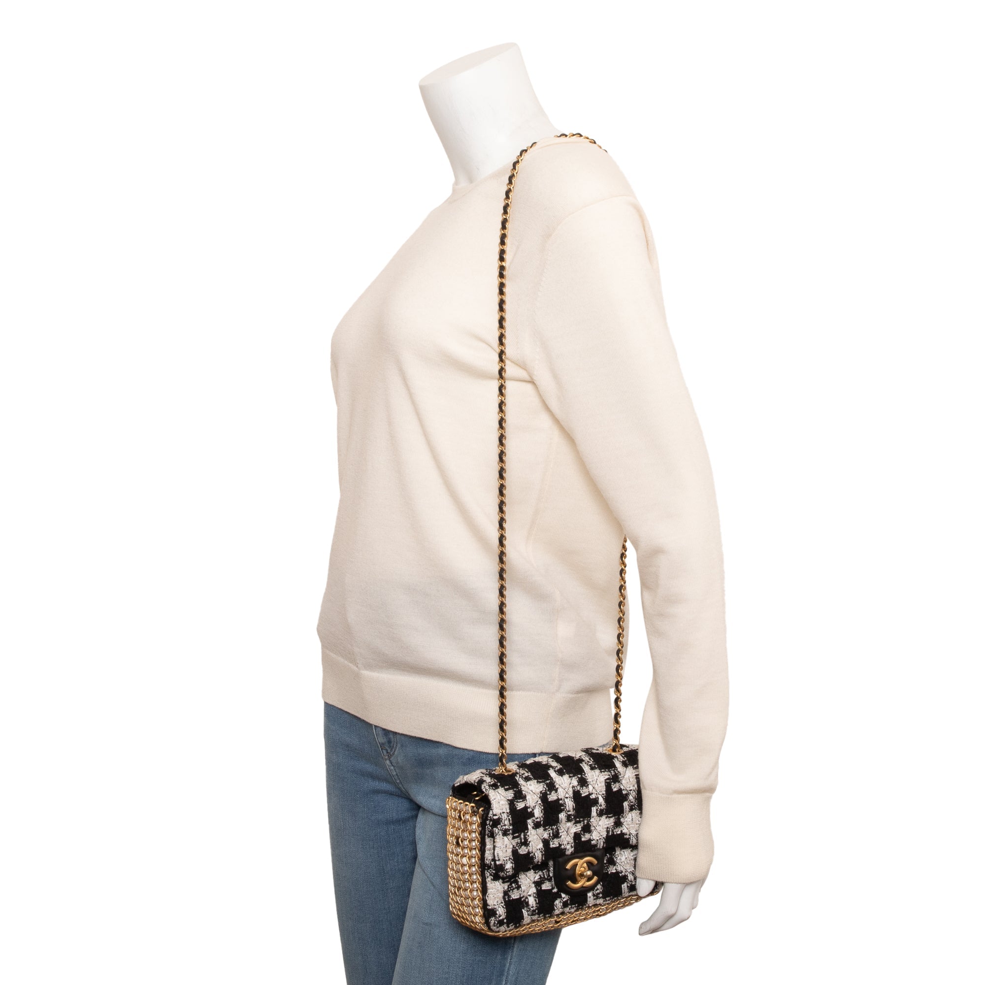 Chanel 2020 Black/White Tweed River Of Pearls Flap Bag w/ Authenticity Card