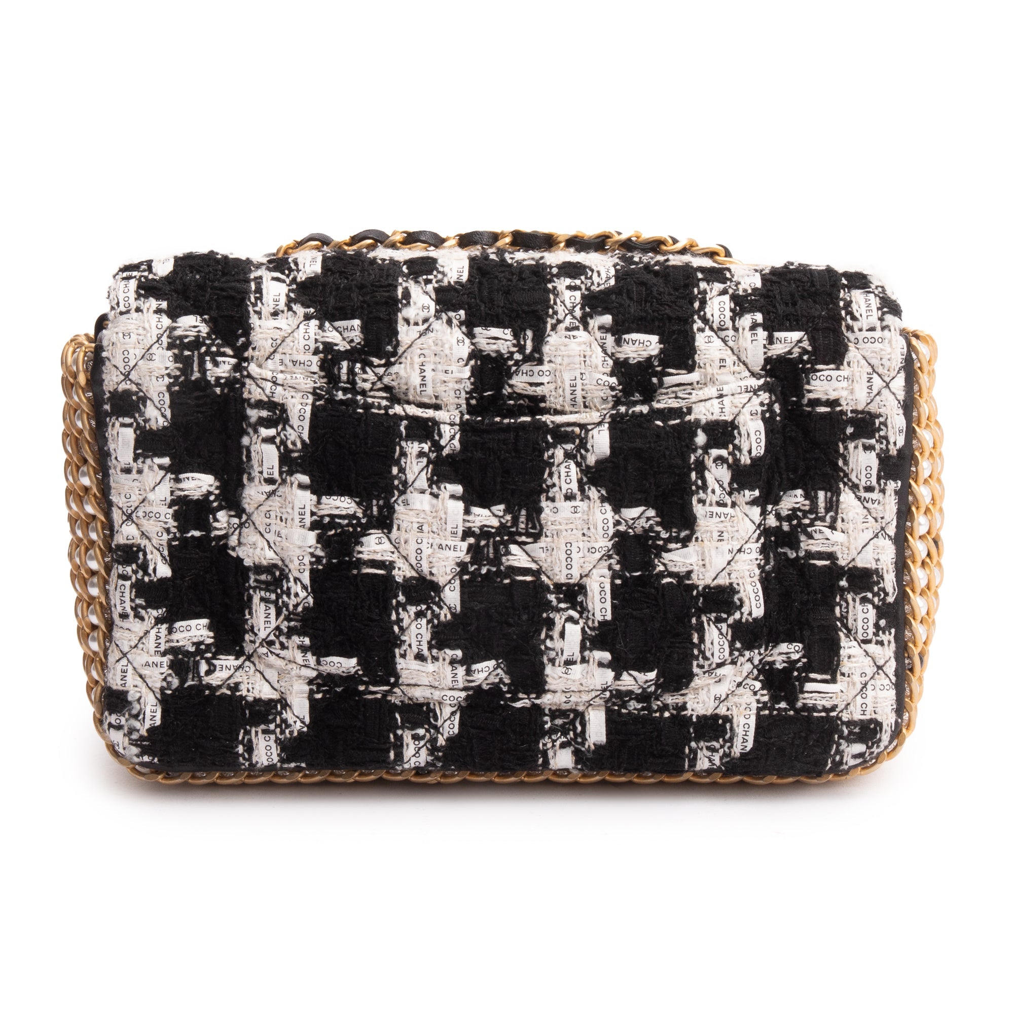 Chanel 2020 Black/White Tweed River Of Pearls Flap Bag w/ Authenticity Card