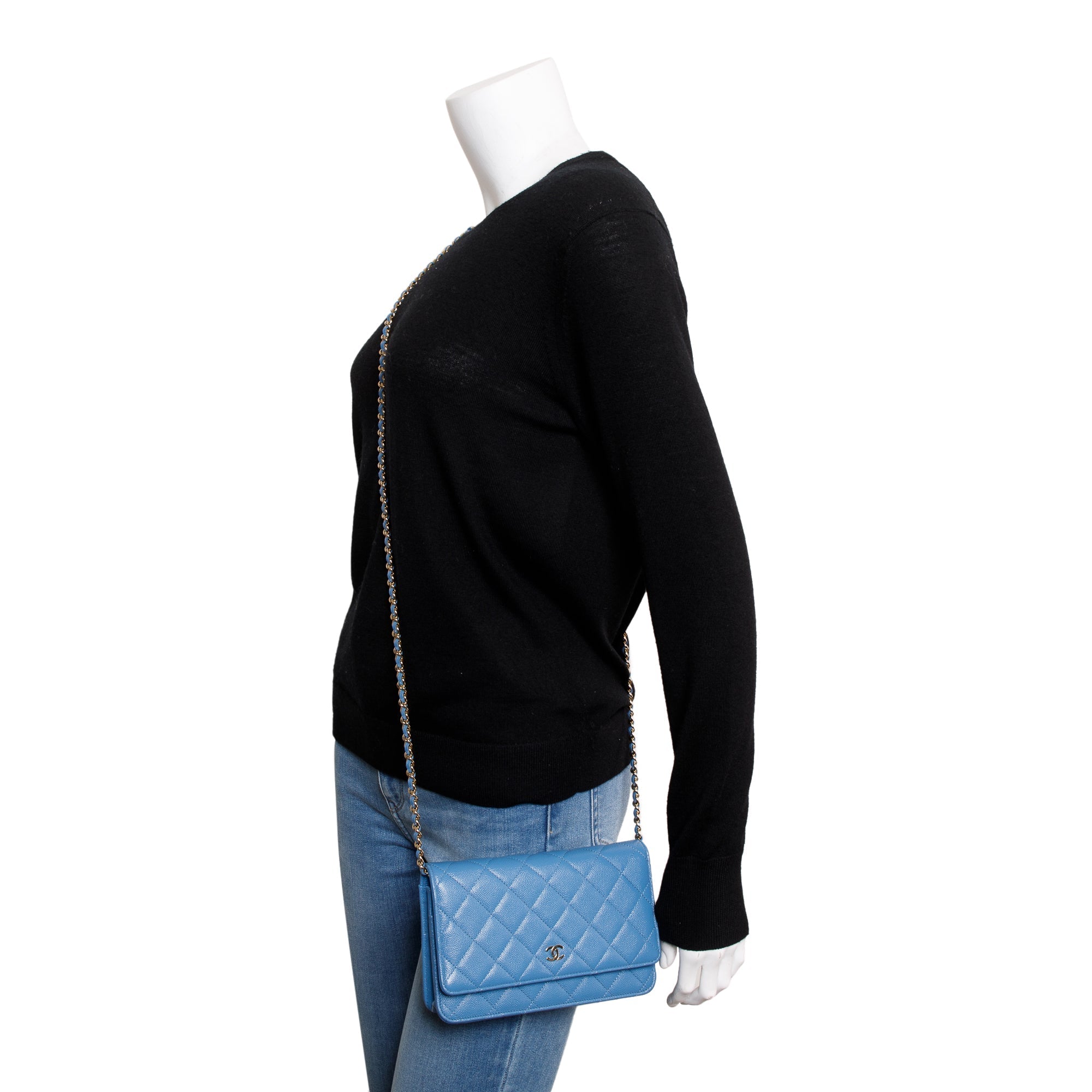 Chanel 2020 Blue Caviar Leather Classic Wallet on Chain w/ Box & Receipt