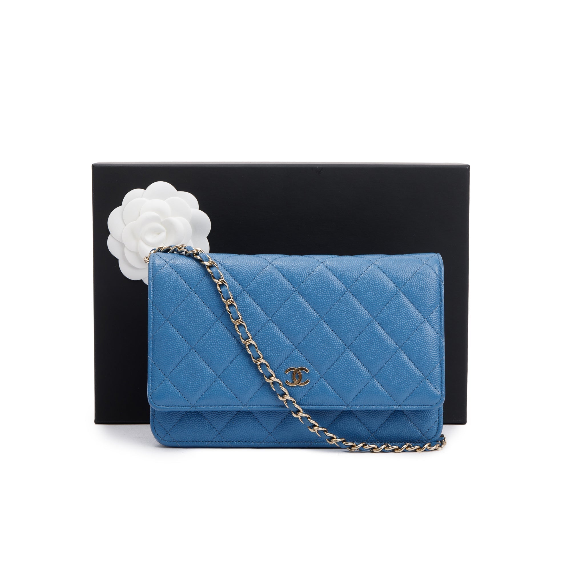 Chanel 2020 Blue Caviar Leather Classic Wallet on Chain w/ Box & Receipt