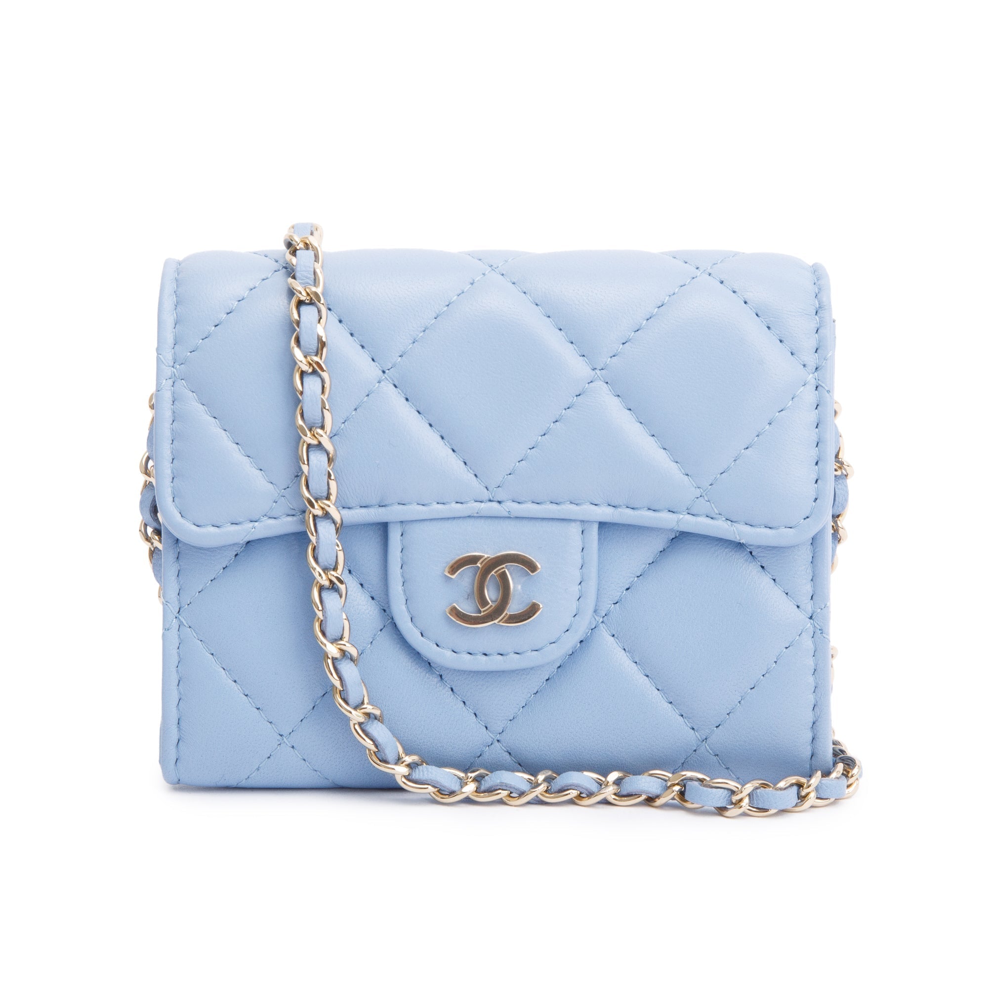Chanel 2020 Blue Lambskin Quilted Leather Card Holder On Chain w/ Box