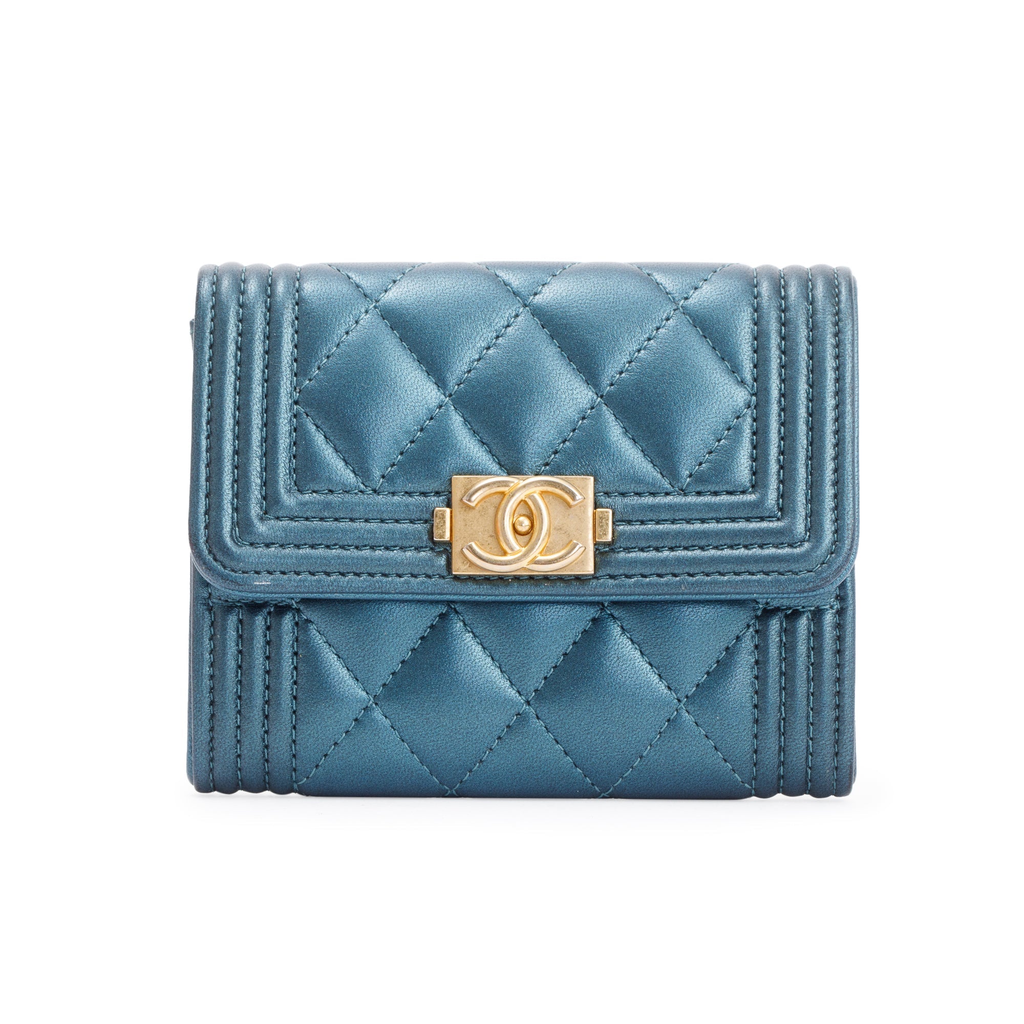 Chanel 2020 Blue Metallic Lambskin Boy Flap Card Holder w/ Box & Authenticity Card