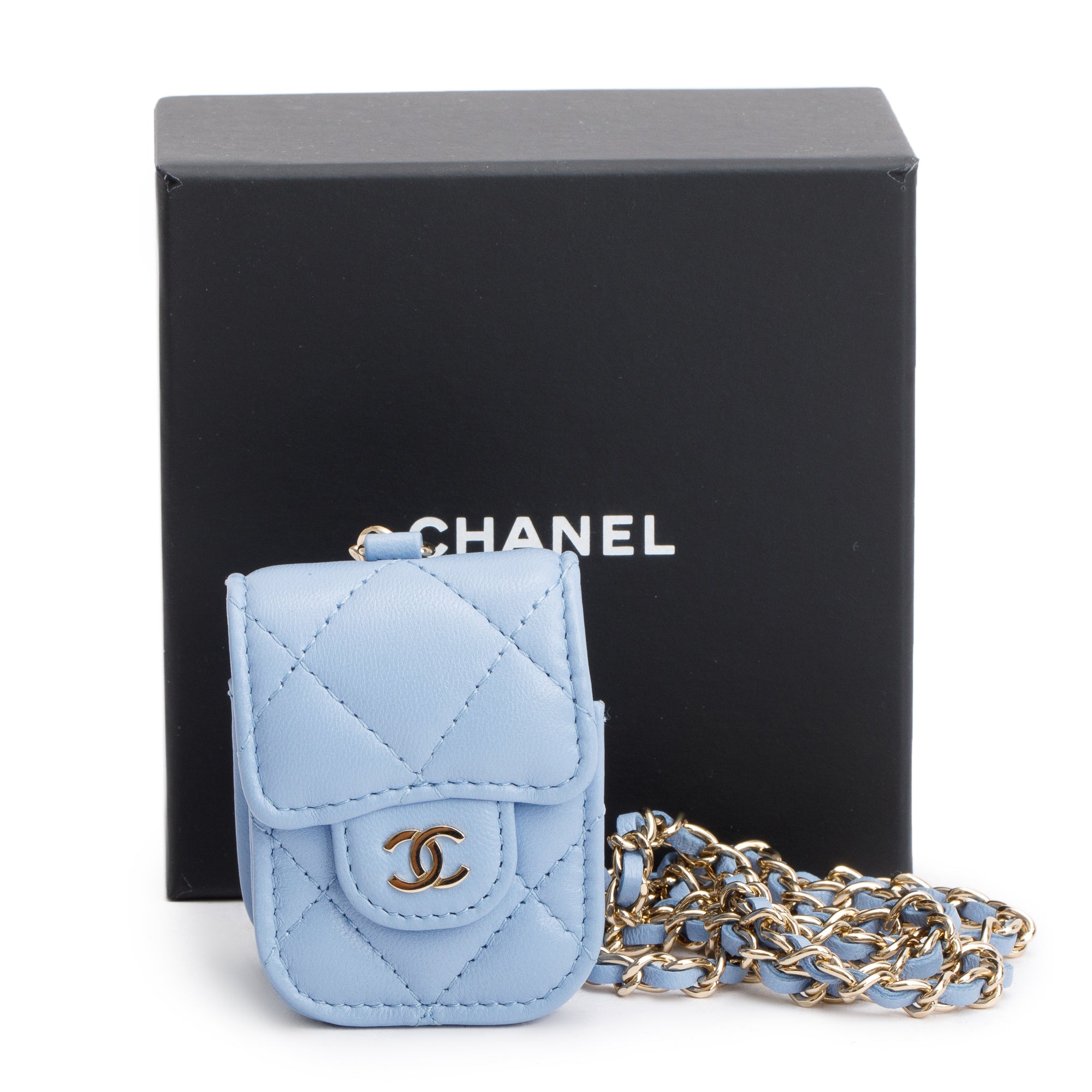 Chanel 2020 Blue Quilted Lambskin Leather Airpods Flap Case on Chain w/ Box & Authenticity Card