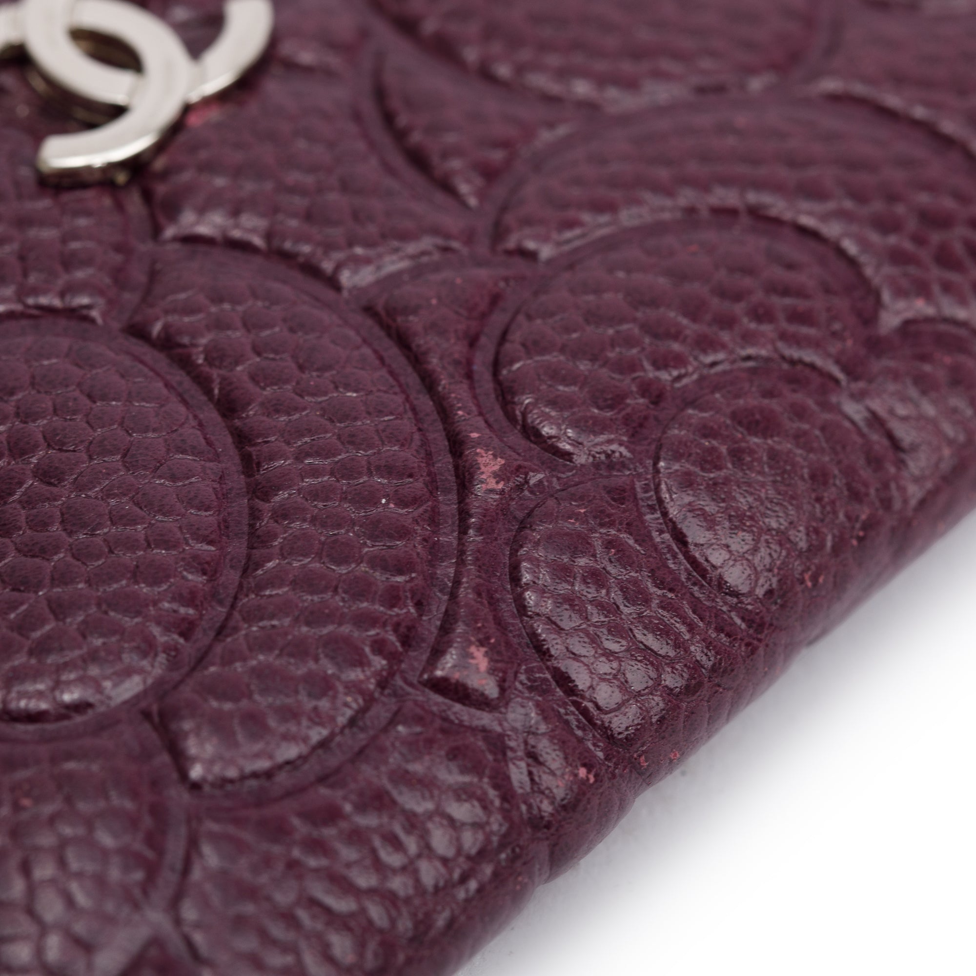 Chanel 2020 Burgundy Camellia Embossed Caviar Leather Classic Card Holder w/ Authenticity Card