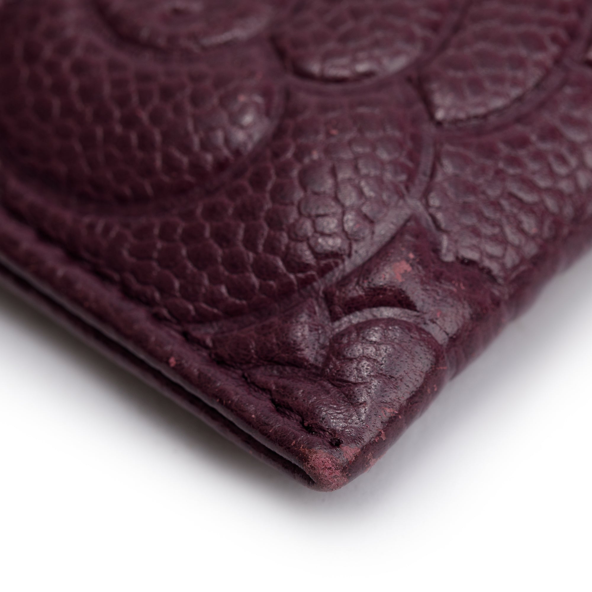 Chanel 2020 Burgundy Camellia Embossed Caviar Leather Classic Card Holder w/ Authenticity Card