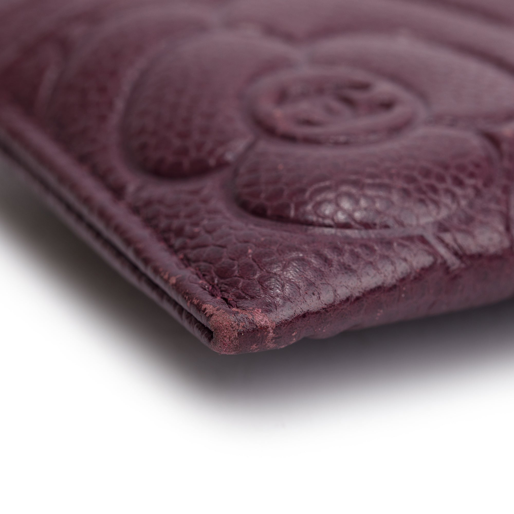 Chanel 2020 Burgundy Camellia Embossed Caviar Leather Classic Card Holder w/ Authenticity Card
