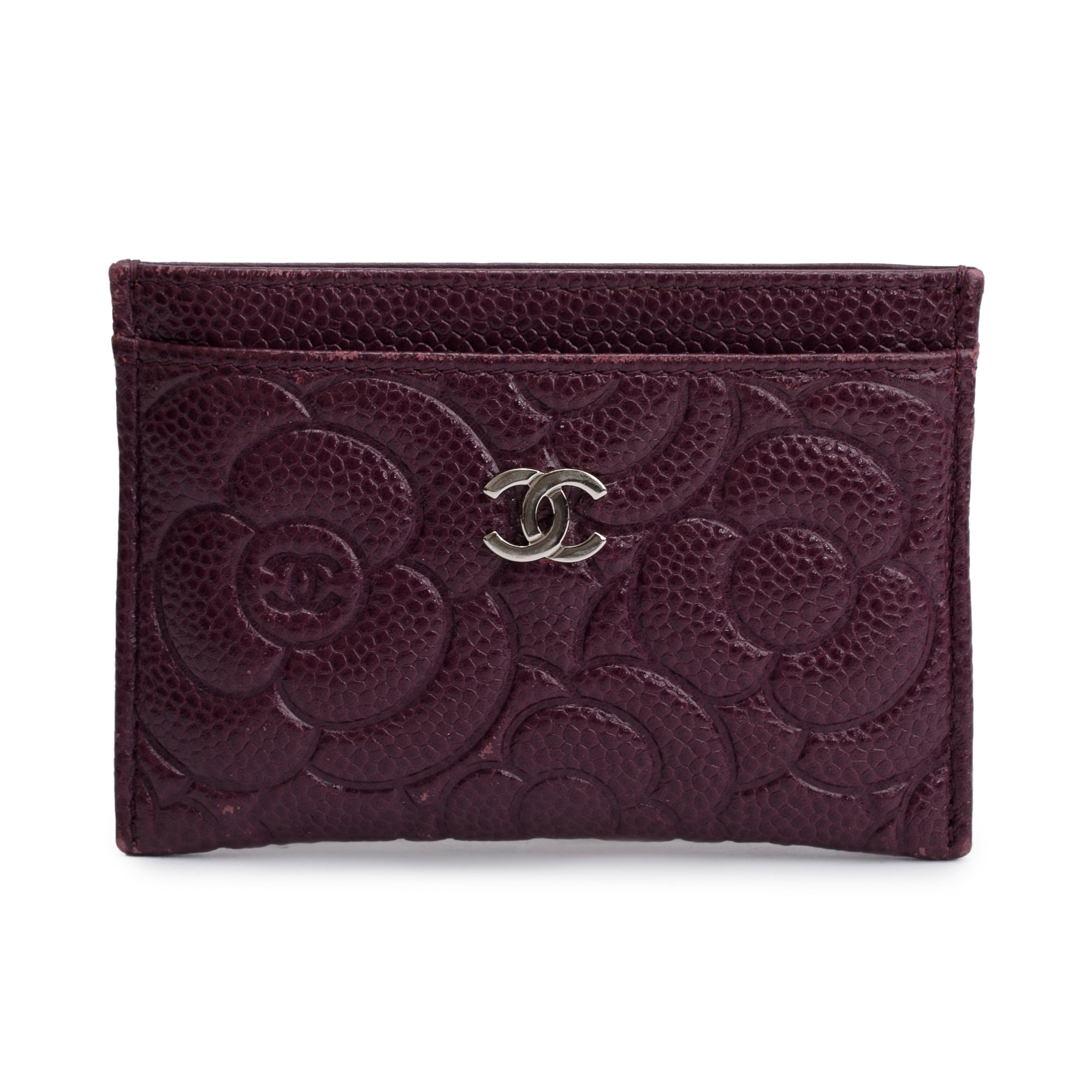 Chanel 2020 Burgundy Camellia Embossed Caviar Leather Classic Card Holder w/ Authenticity Card
