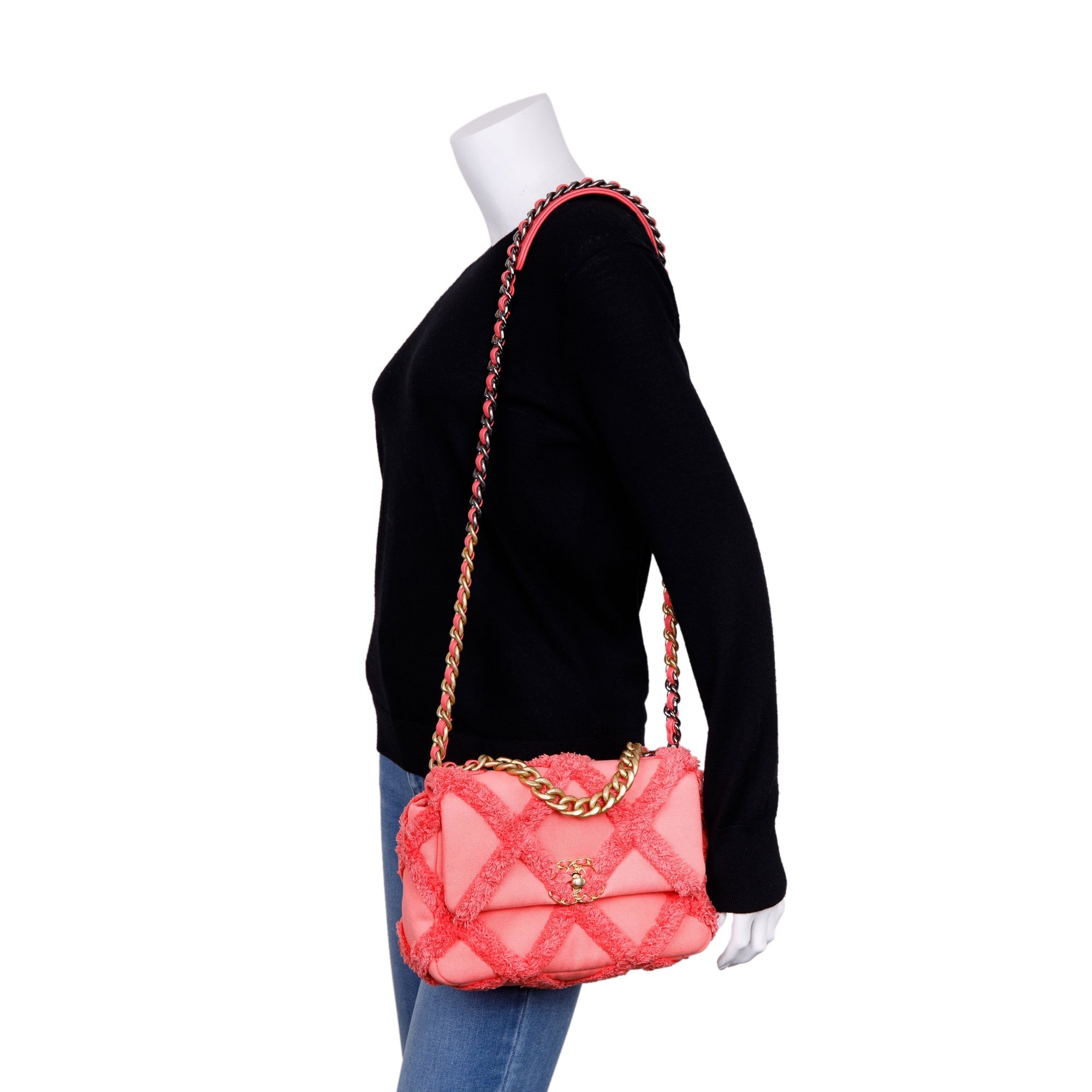Chanel 2020 Coral Quilted Cotton Canvas Medium 19 Flap Bag w/ Box, Receipt & Authenticity Card