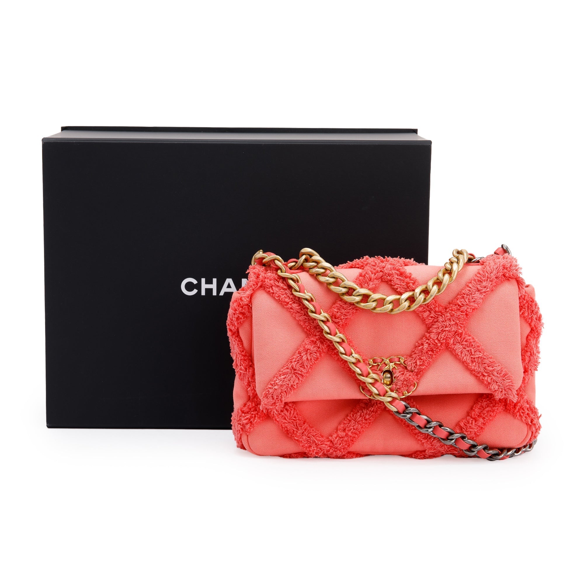 Chanel 2020 Coral Quilted Cotton Canvas Medium 19 Flap Bag w/ Box, Receipt & Authenticity Card