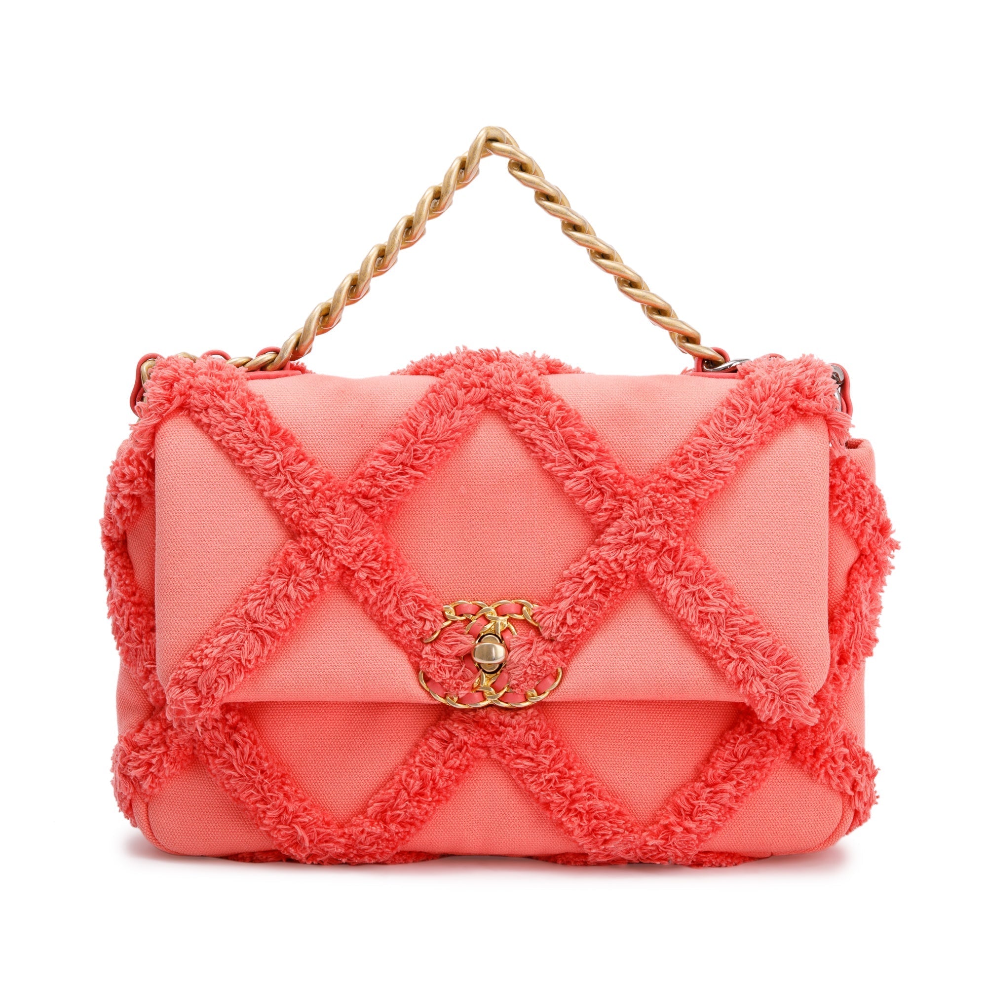 Chanel 2020 Coral Quilted Cotton Canvas Medium 19 Flap Bag w/ Box, Receipt & Authenticity Card
