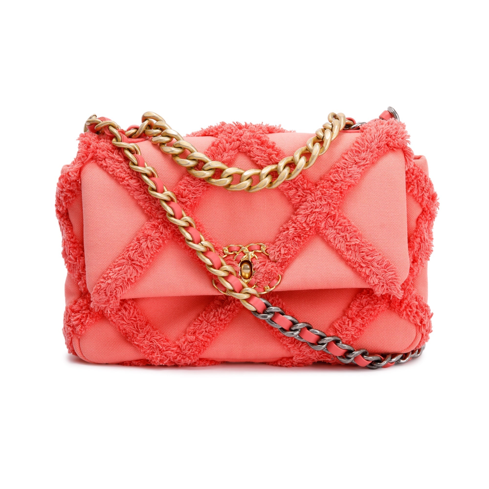 Chanel 2020 Coral Quilted Cotton Canvas Medium 19 Flap Bag w/ Box, Receipt & Authenticity Card