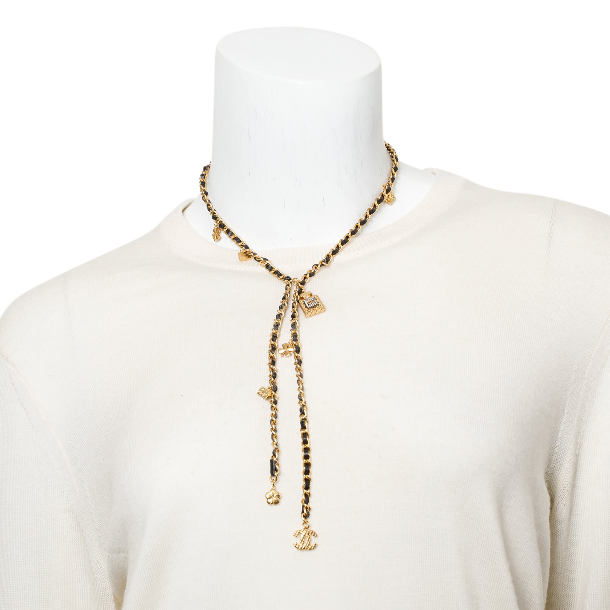Chanel 2020 Gold-Plated Black Leather & Strass Lucky Charms Lavalier Necklace
