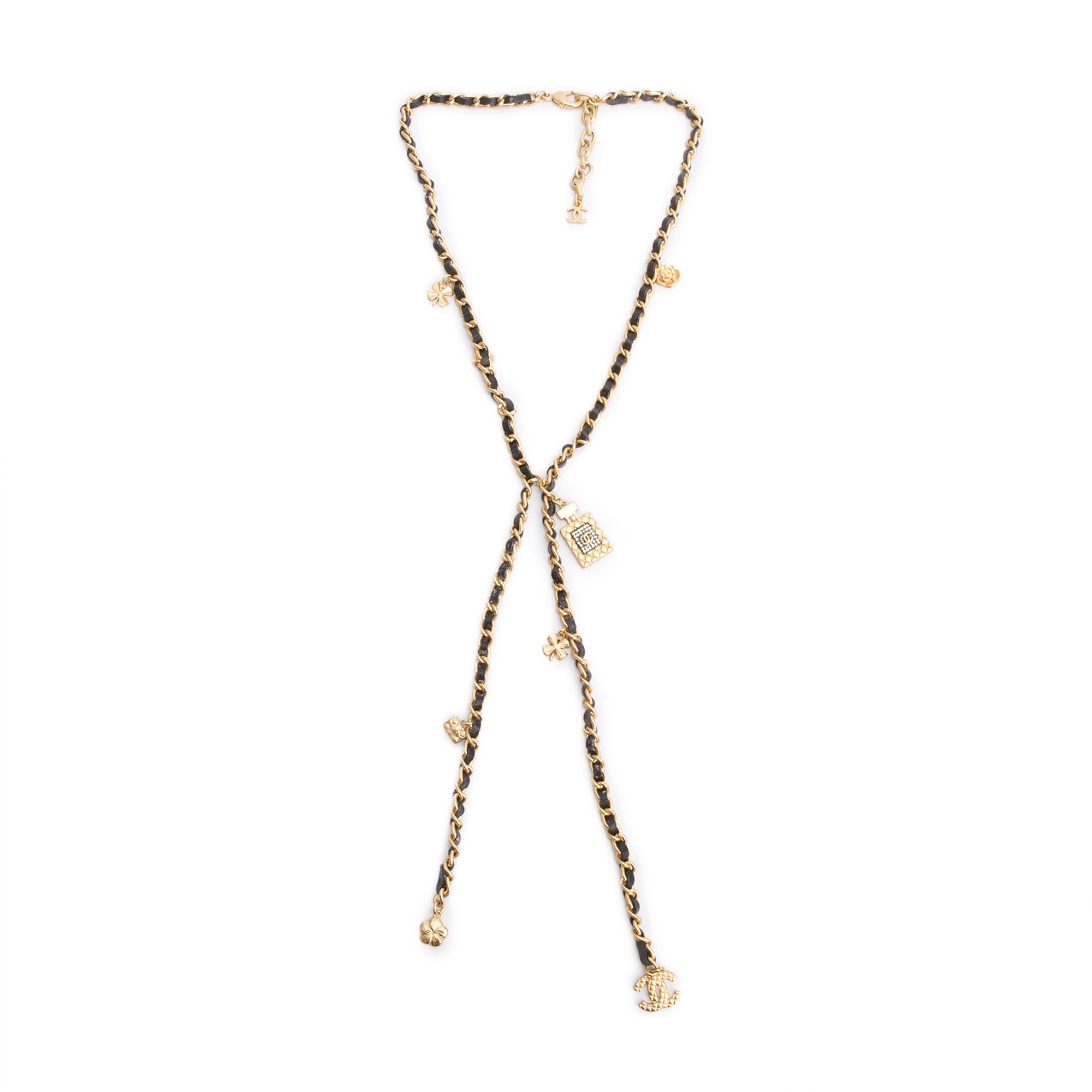 Chanel 2020 Gold-Plated Black Leather & Strass Lucky Charms Lavalier Necklace