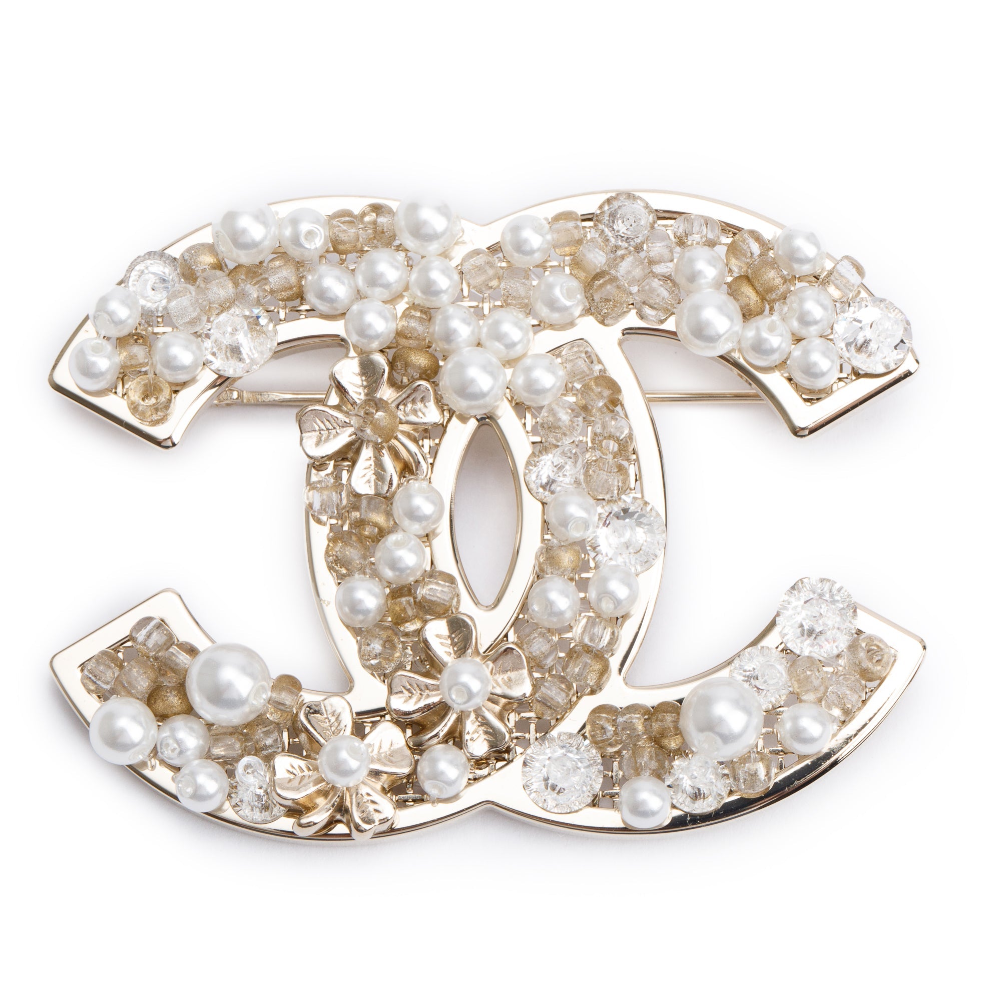 Chanel 2020 Gold Plated Faux Pearl & Crystals CC Brooch