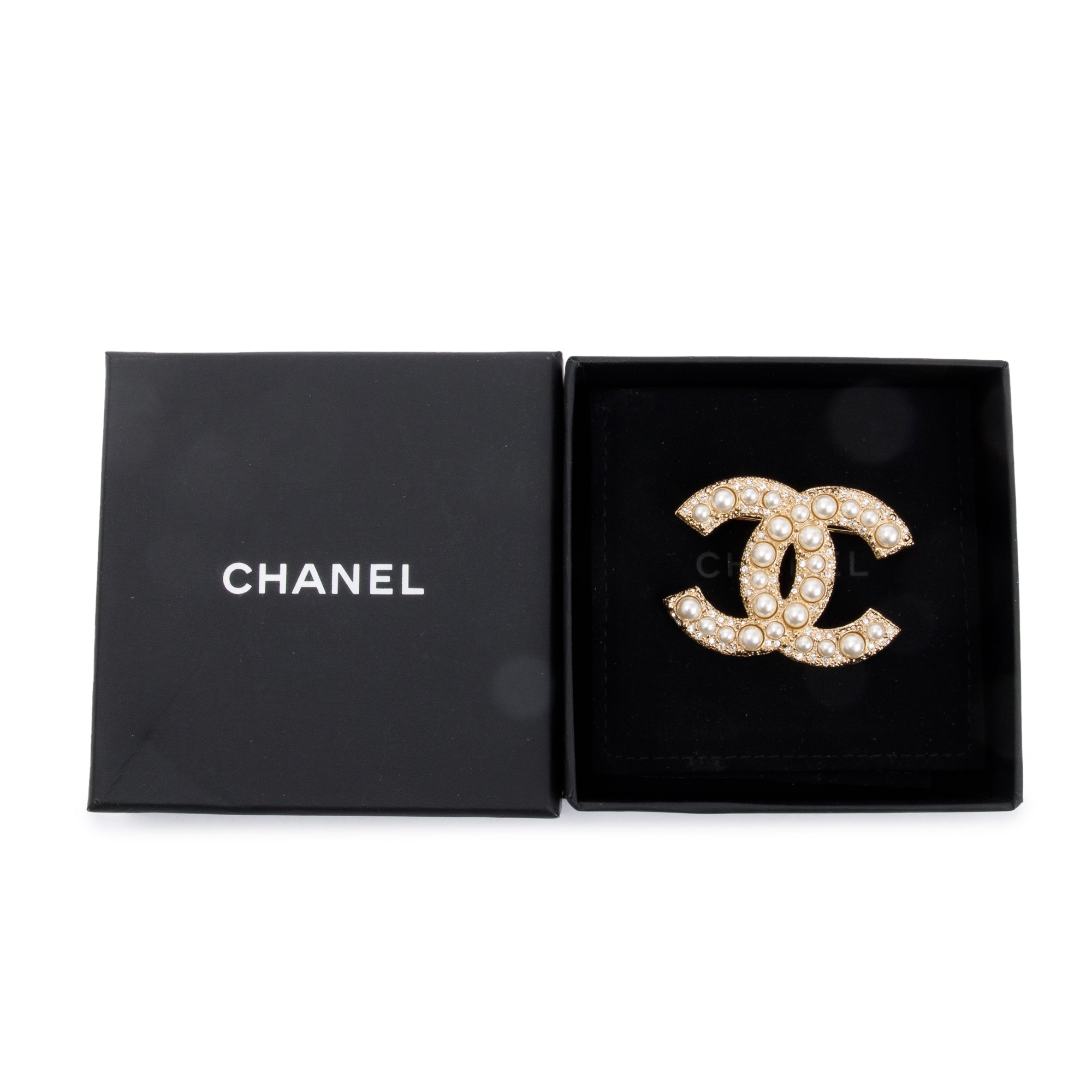 Chanel 2020 Gold Plated Faux Pearl & Strass CC Brooch w/ Box