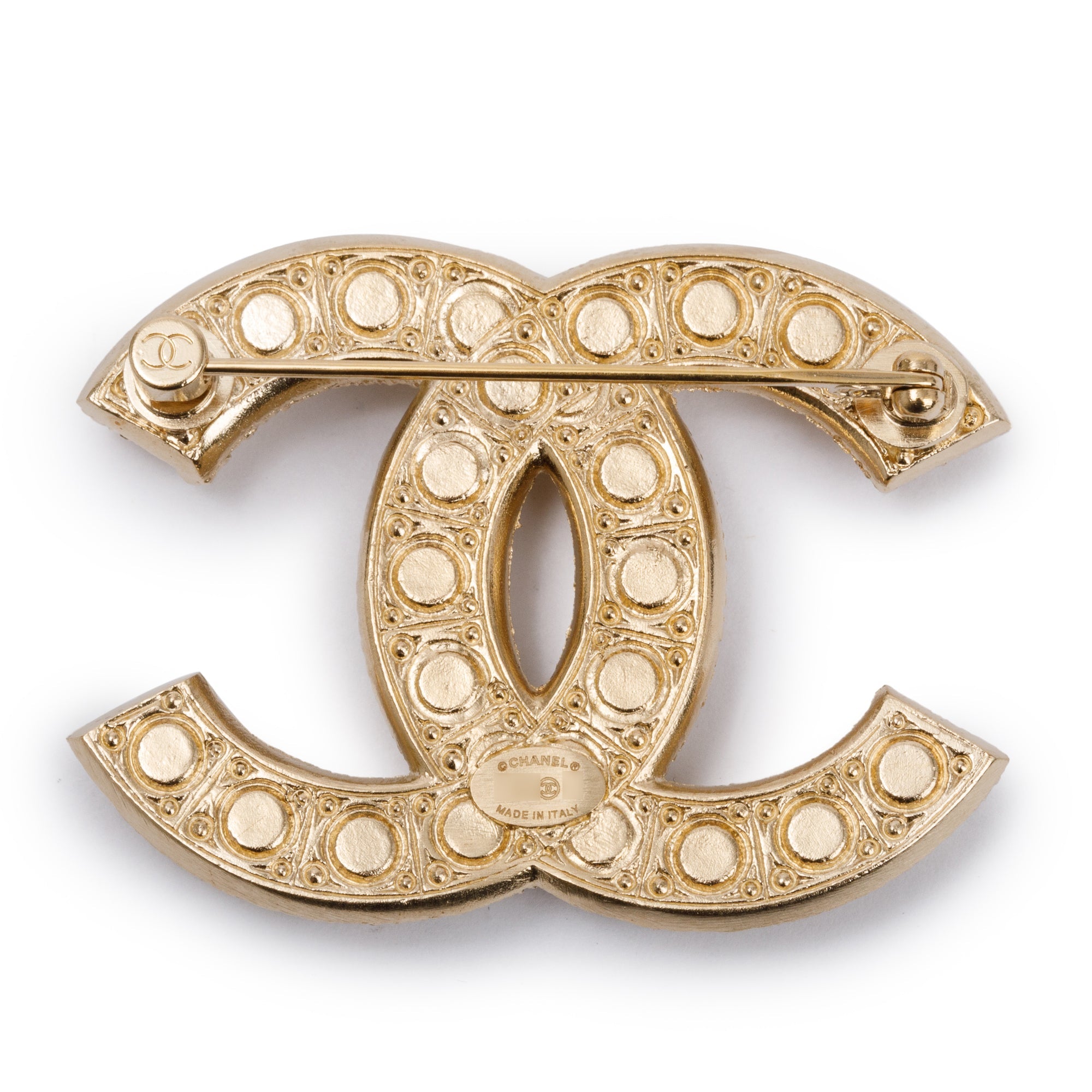 Chanel 2020 Gold Plated Faux Pearl & Strass CC Brooch w/ Box