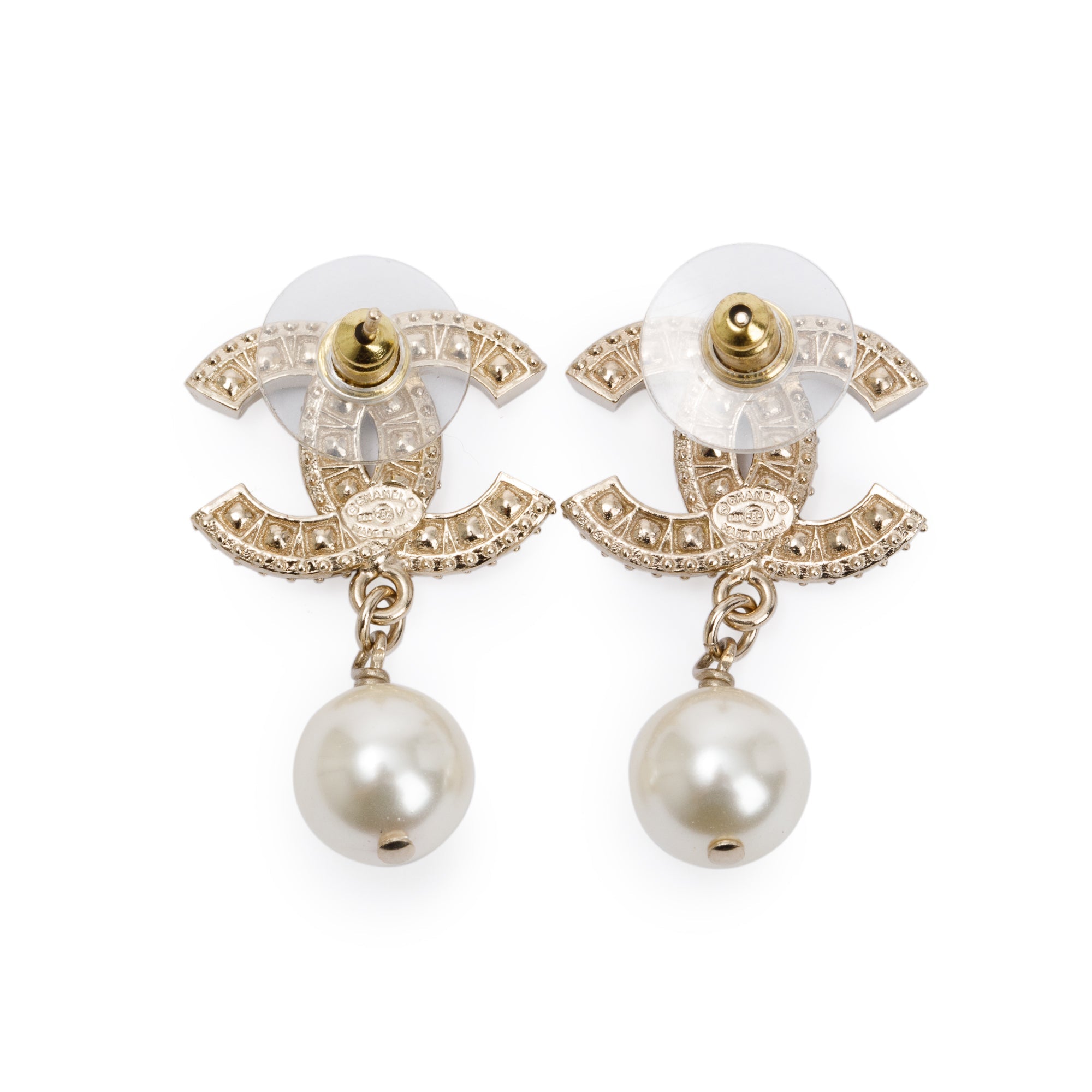 Chanel 2020 Gold Plated Faux Pearl & Strass CC Drop Earrings