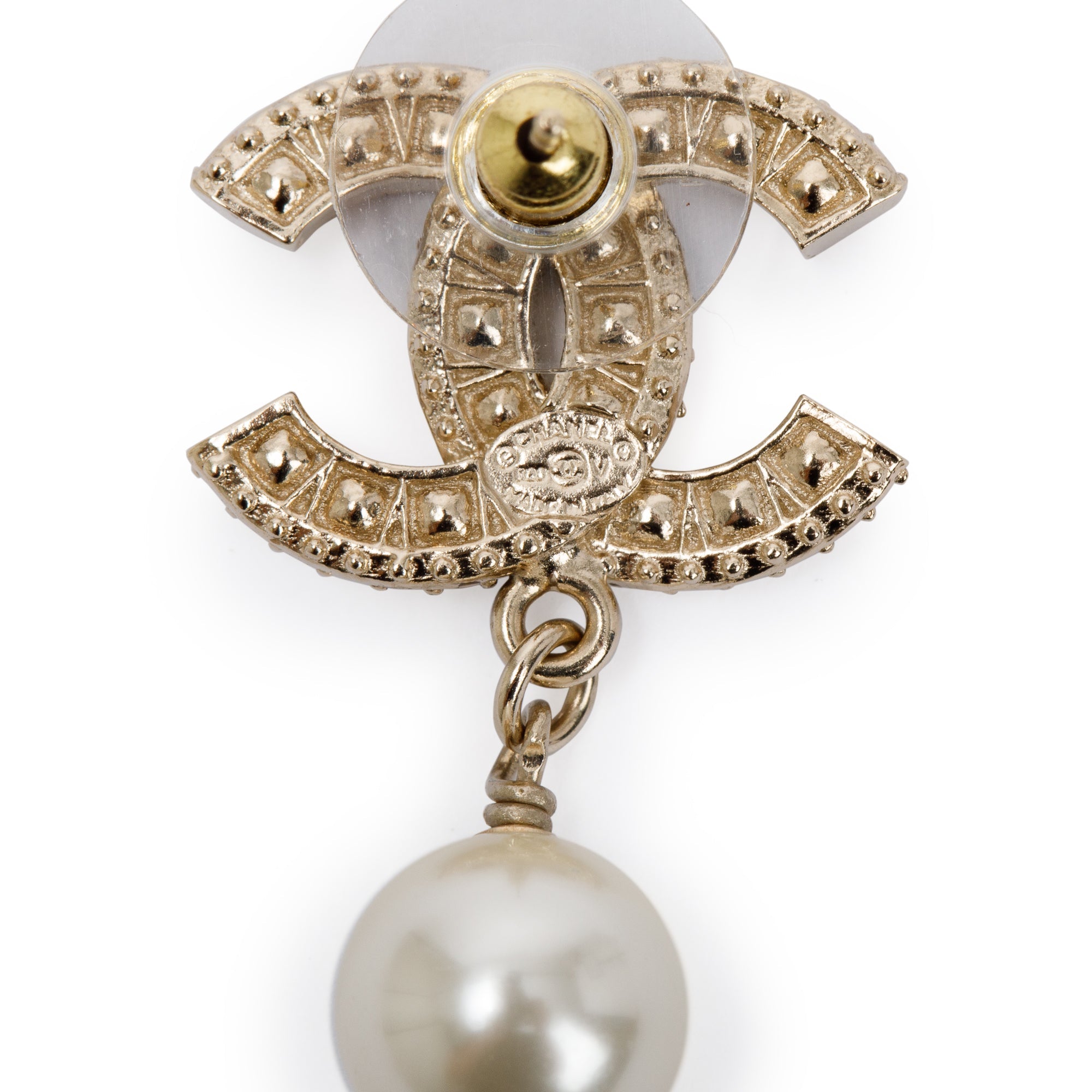 Chanel 2020 Gold Plated Faux Pearl & Strass CC Drop Earrings