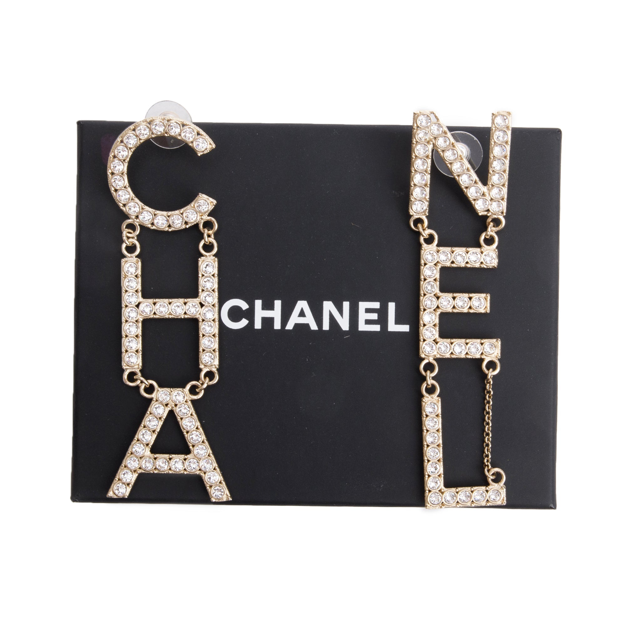 Chanel 2020 Gold Plated Strass 'CHA-NEL' Drop Earrings w/ Box