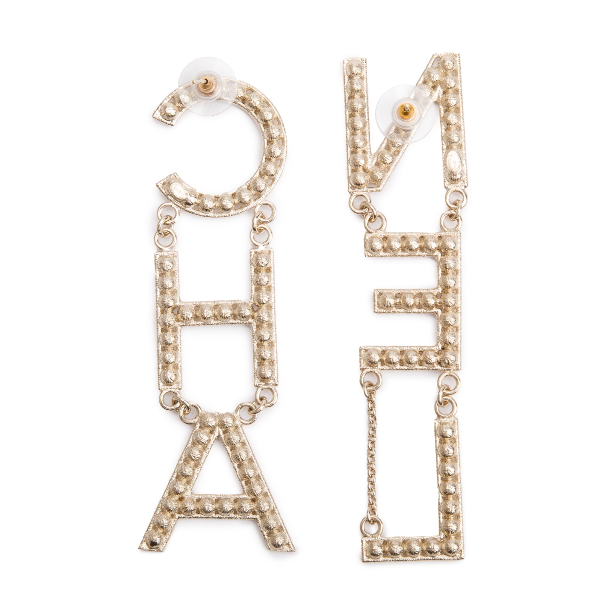 Chanel 2020 Gold Plated Strass 'CHA-NEL' Drop Earrings w/ Box