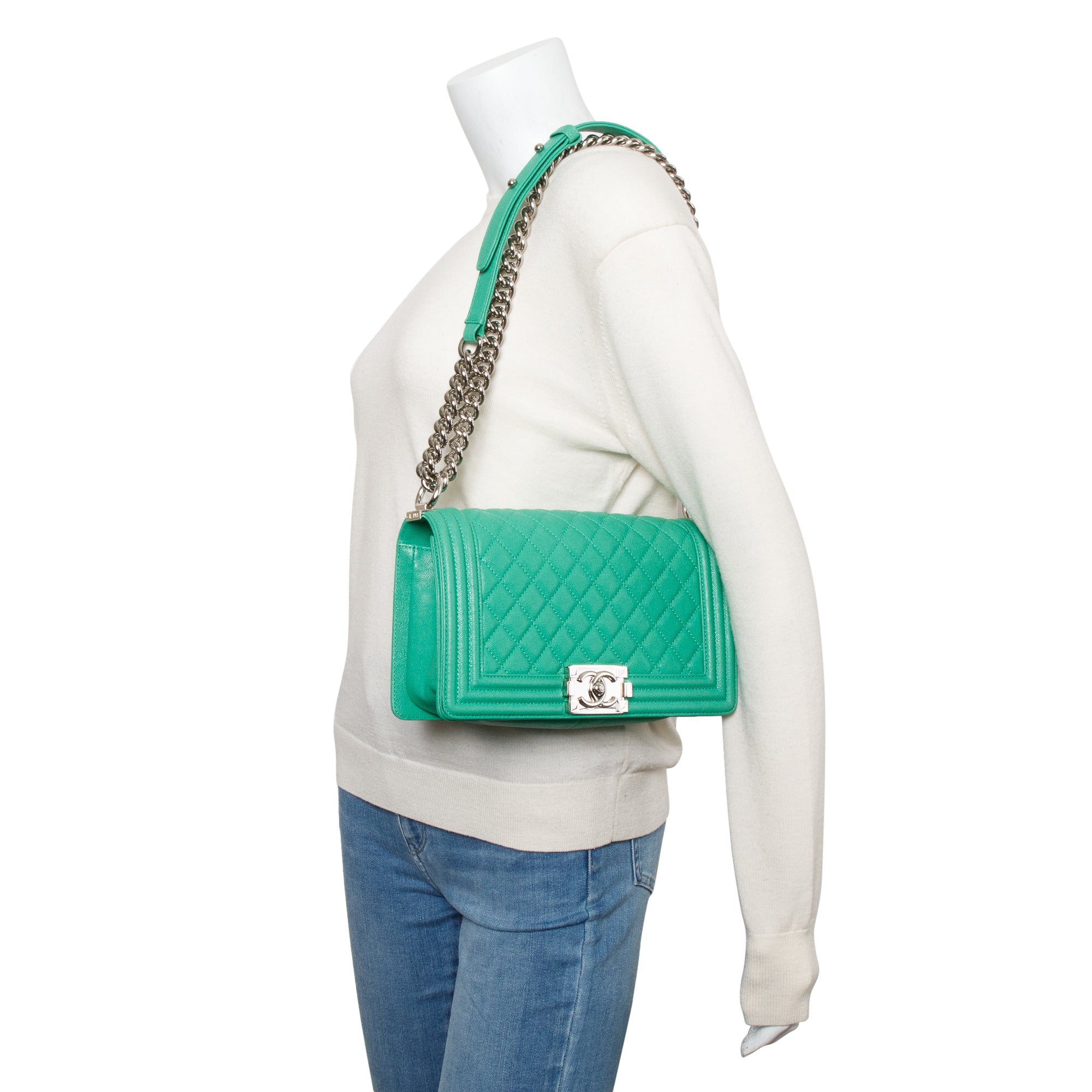 Chanel 2020 Green Quilted Caviar Leather Medium Boy Bag w/ Box, Receipt & Authenticity Card