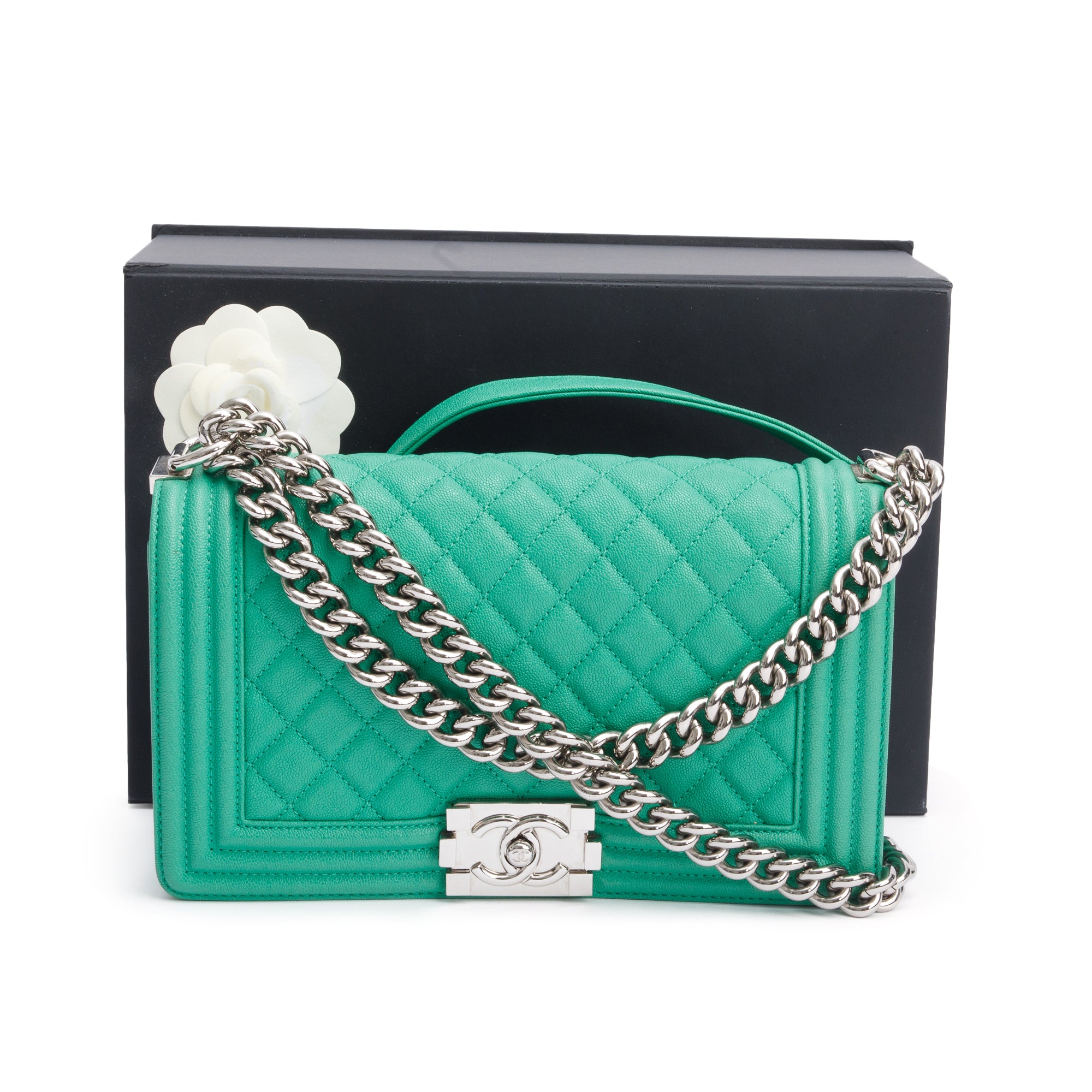 Chanel 2020 Green Quilted Caviar Leather Medium Boy Bag w/ Box, Receipt & Authenticity Card