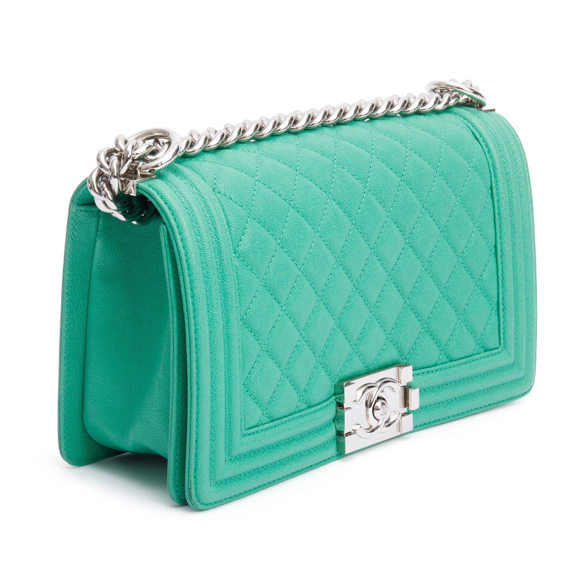 Chanel 2020 Green Quilted Caviar Leather Medium Boy Bag w/ Box, Receipt & Authenticity Card