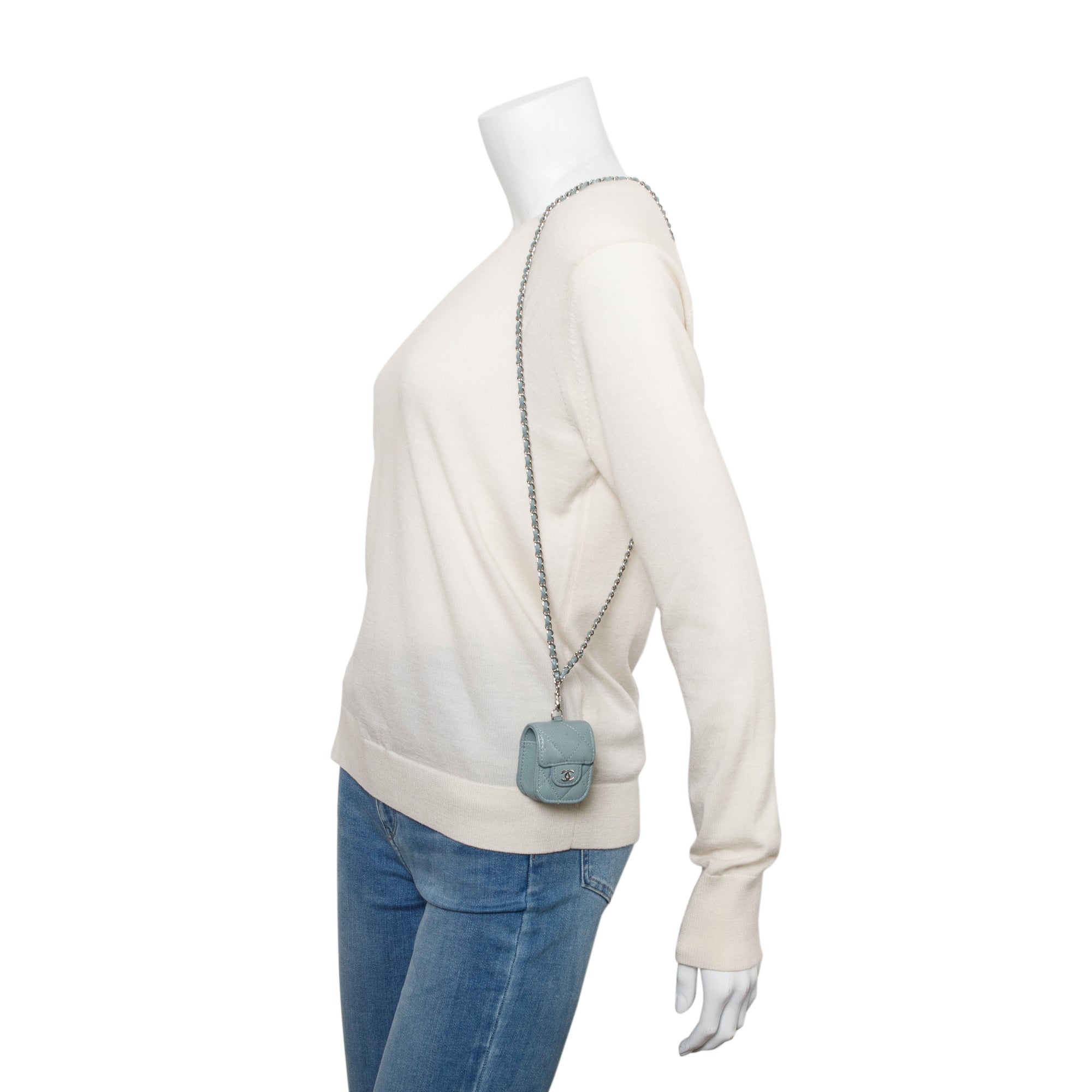 Chanel 2020 Grey Quilted Caviar Leather Airpods Flap Case on Chain