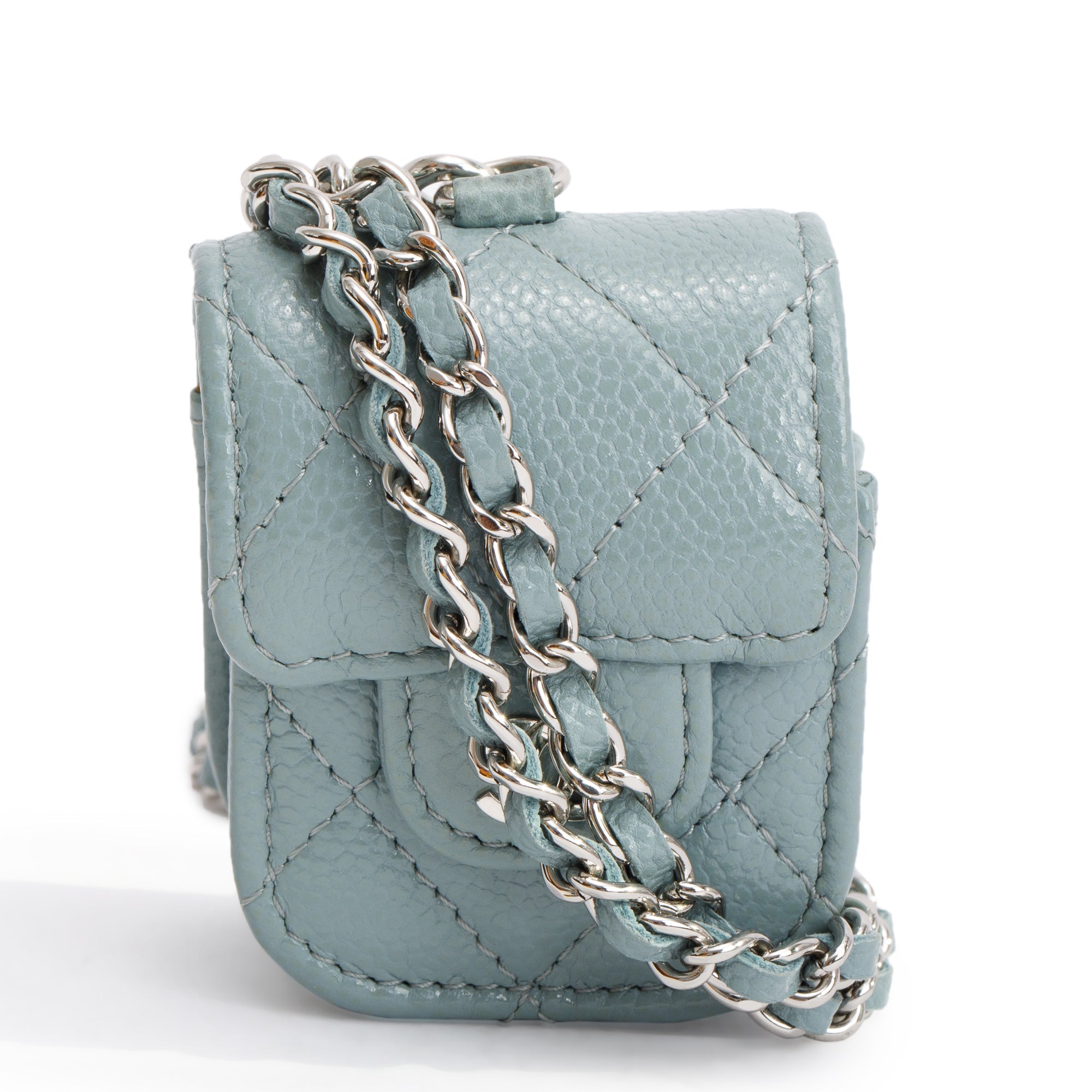 Chanel 2020 Grey Quilted Caviar Leather Airpods Flap Case on Chain