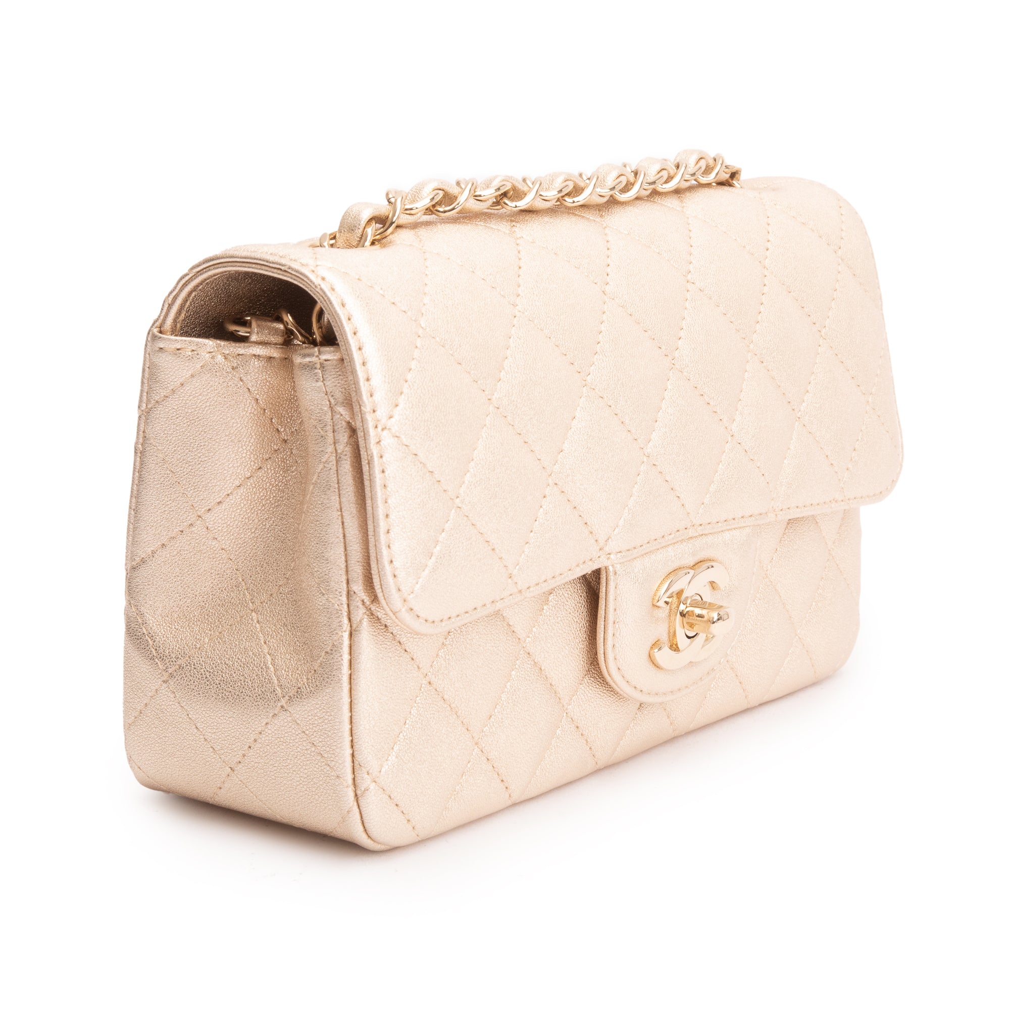 Chanel 2020 Metallic Gold Quilted CalfskinLeather Classic Mini Rectangular Flap Bag w/ Box & Authenticity Card