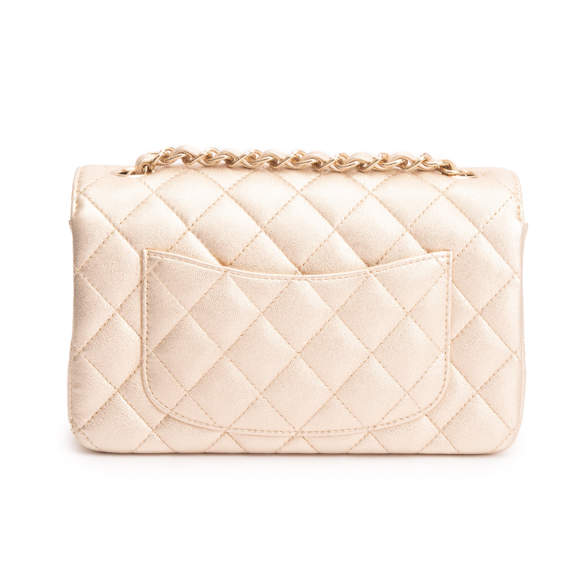 Chanel 2020 Metallic Gold Quilted CalfskinLeather Classic Mini Rectangular Flap Bag w/ Box & Authenticity Card