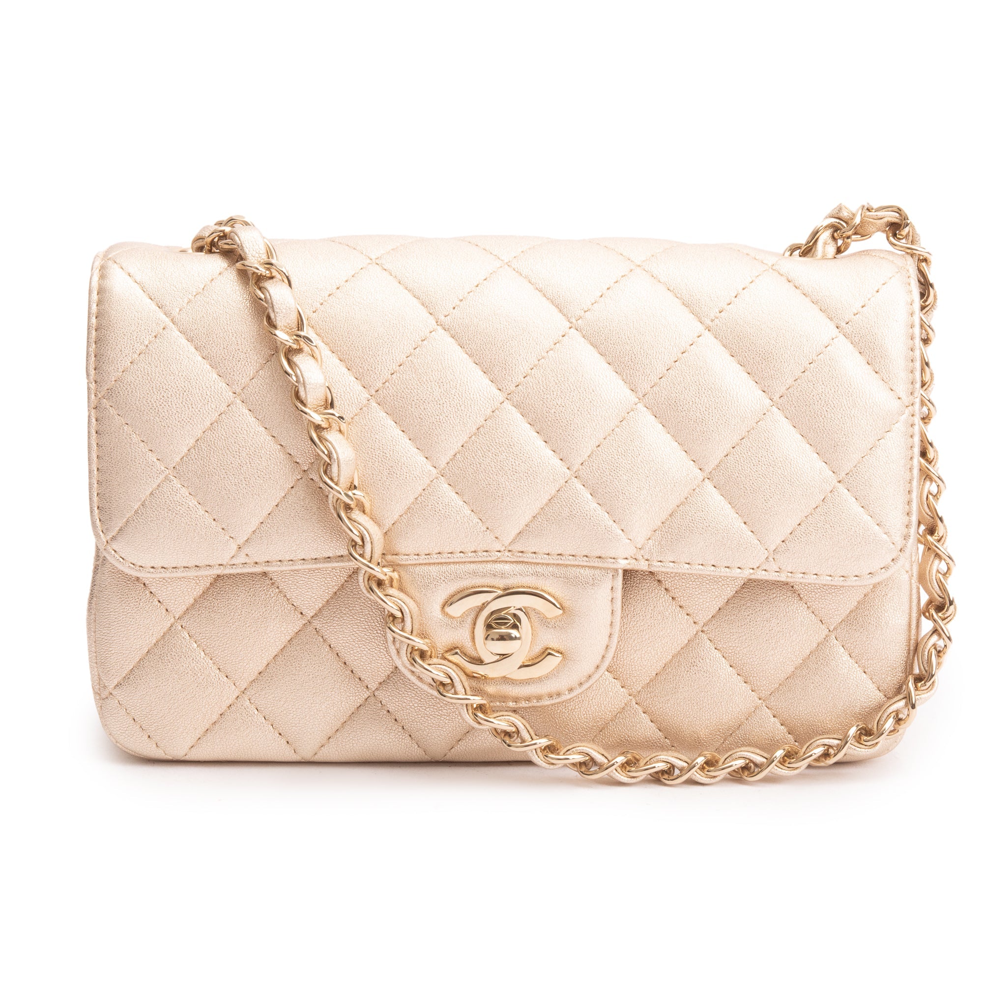 Chanel 2020 Metallic Gold Quilted CalfskinLeather Classic Mini Rectangular Flap Bag w/ Box & Authenticity Card
