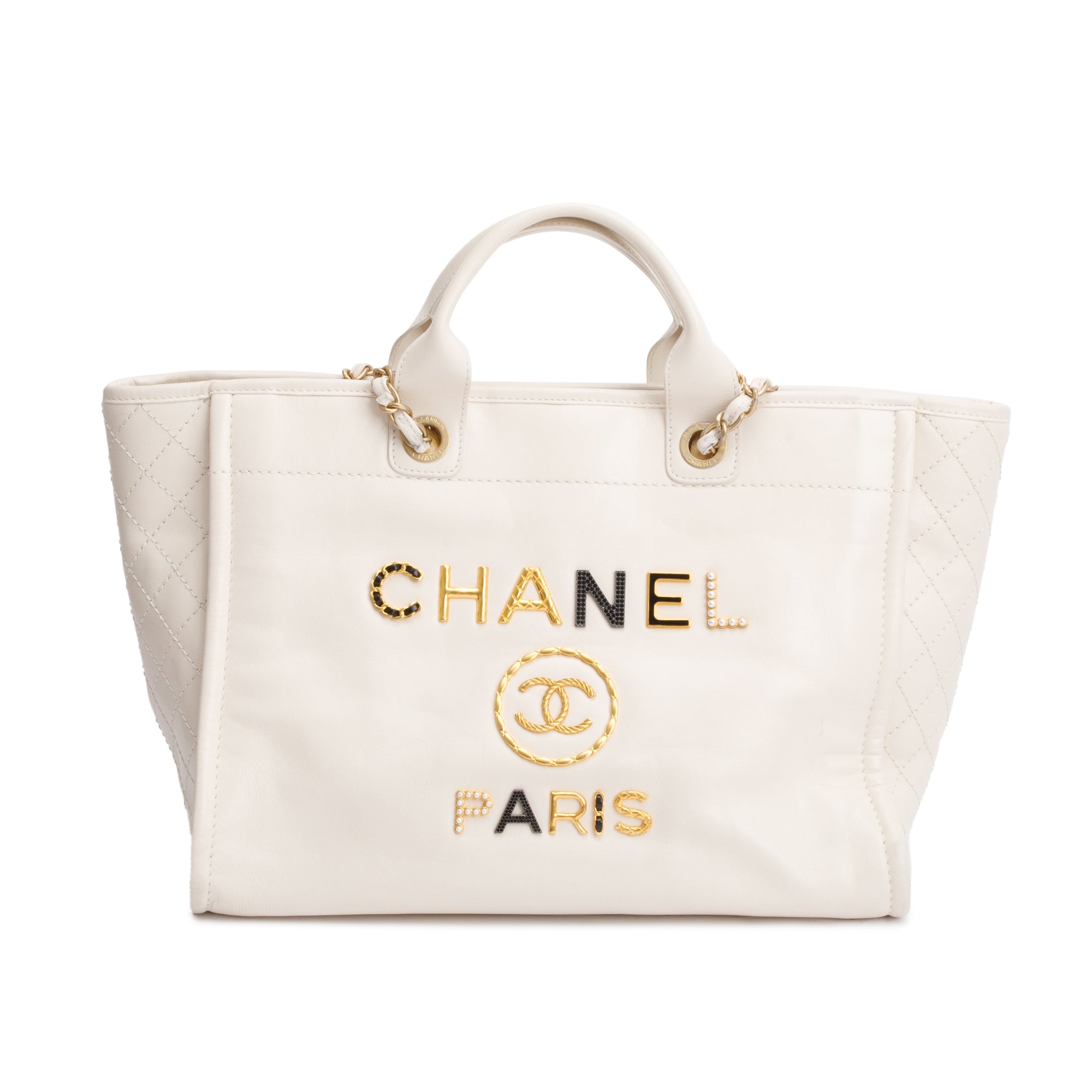 Chanel 2020 Neutral Calfskin Leather Embellised Medium Deauville