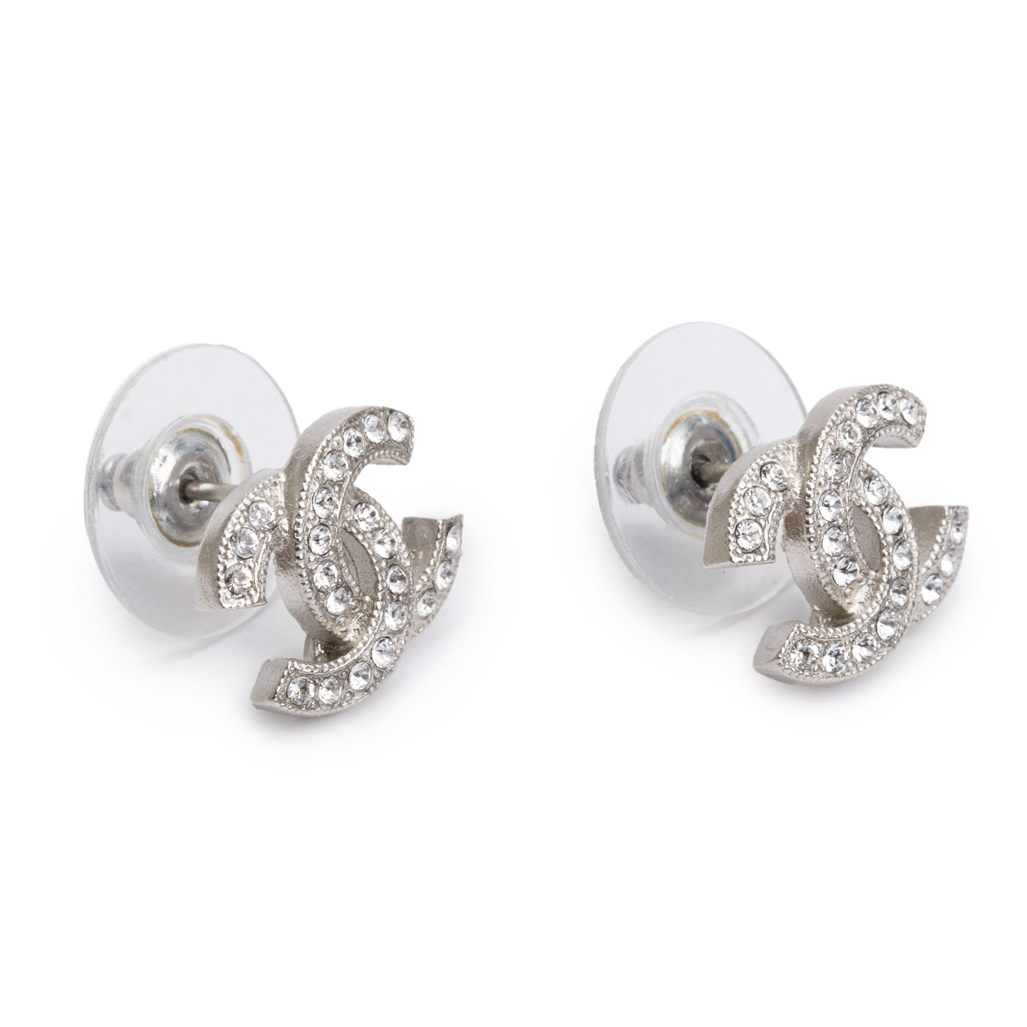 Chanel 2020 Palladium Plated Strass CC Stud Earrings w/ Box