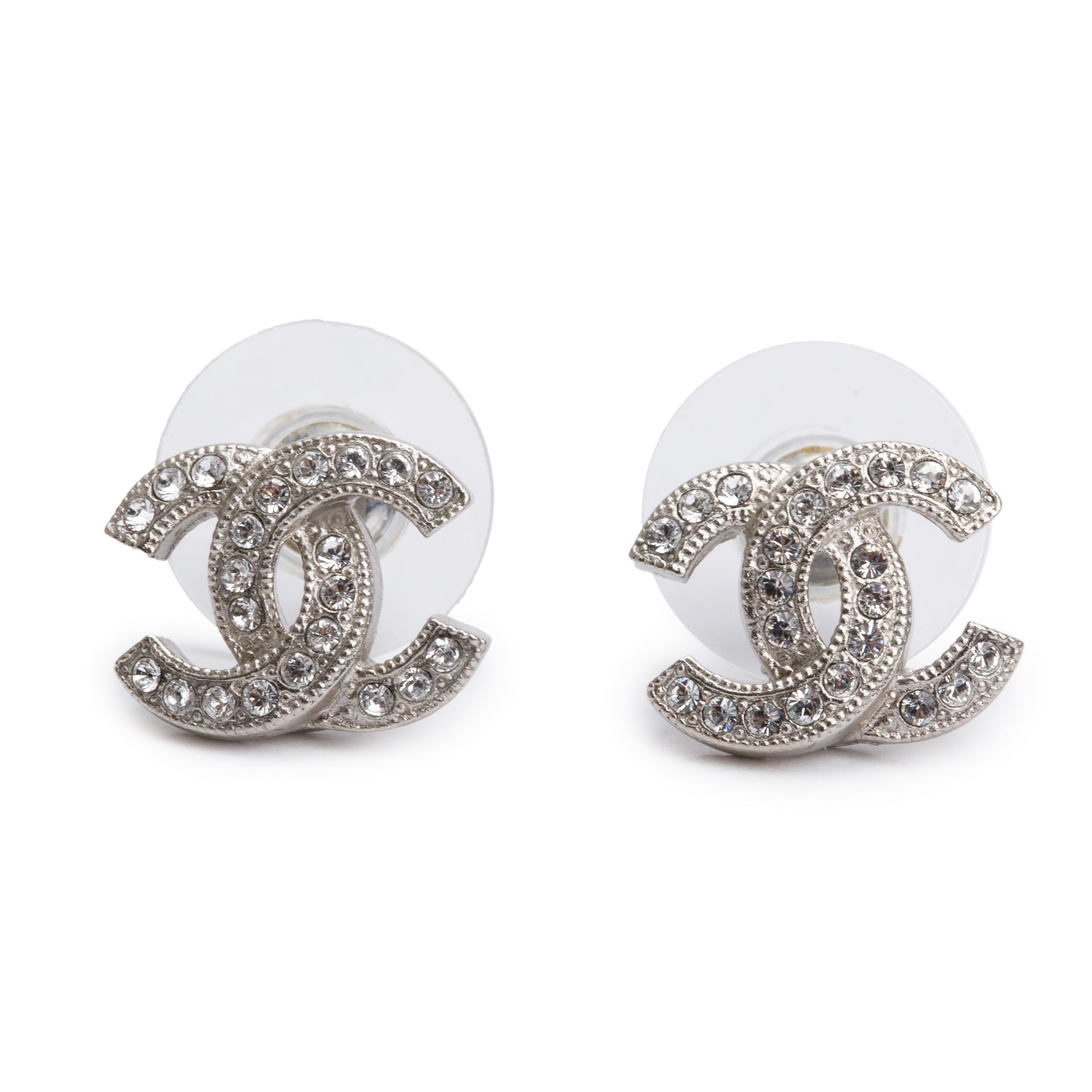 Chanel 2020 Palladium Plated Strass CC Stud Earrings w/ Box