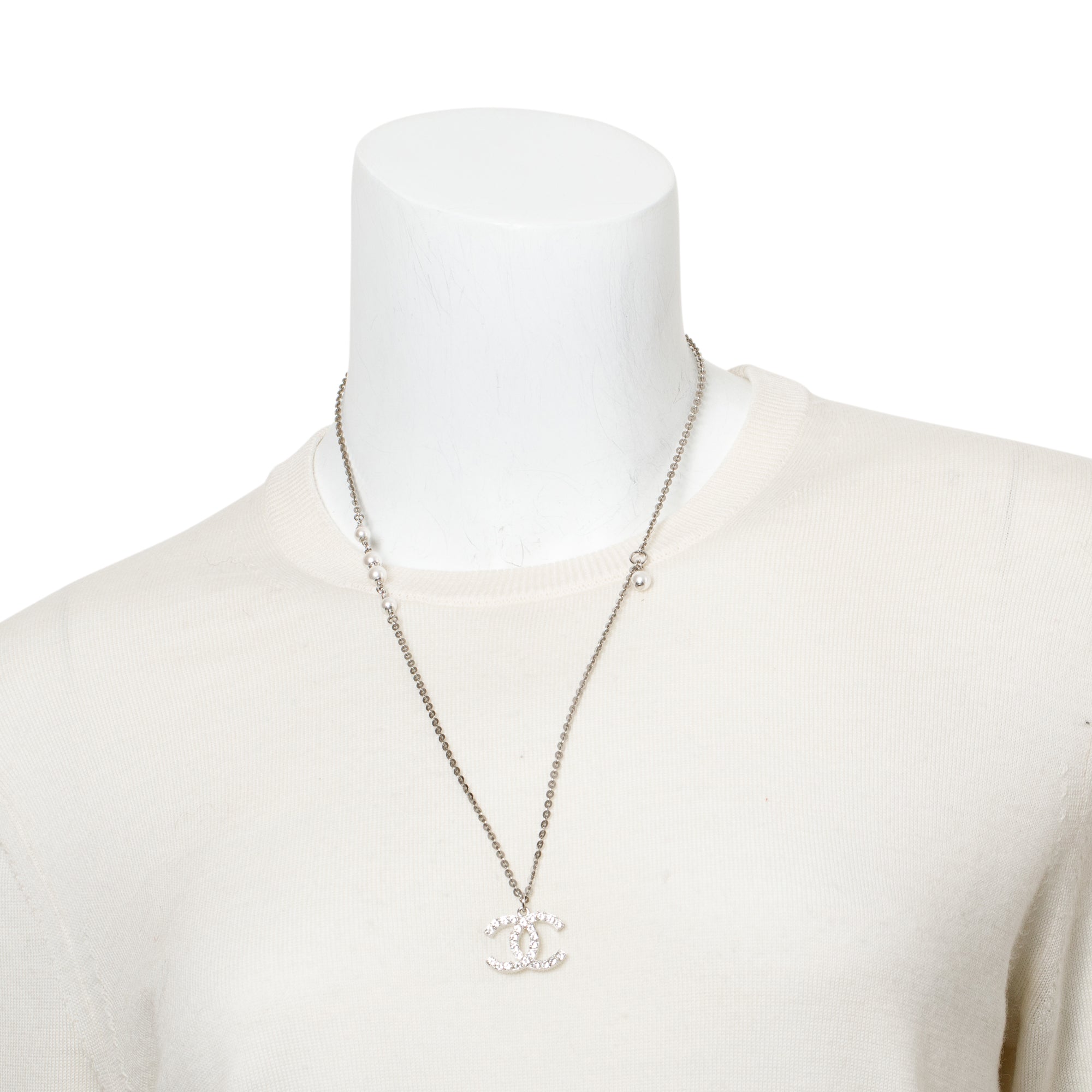 Chanel 2020 Palladium-Plated Strass & Faux Pearl CC Pendant Necklace w/ Box