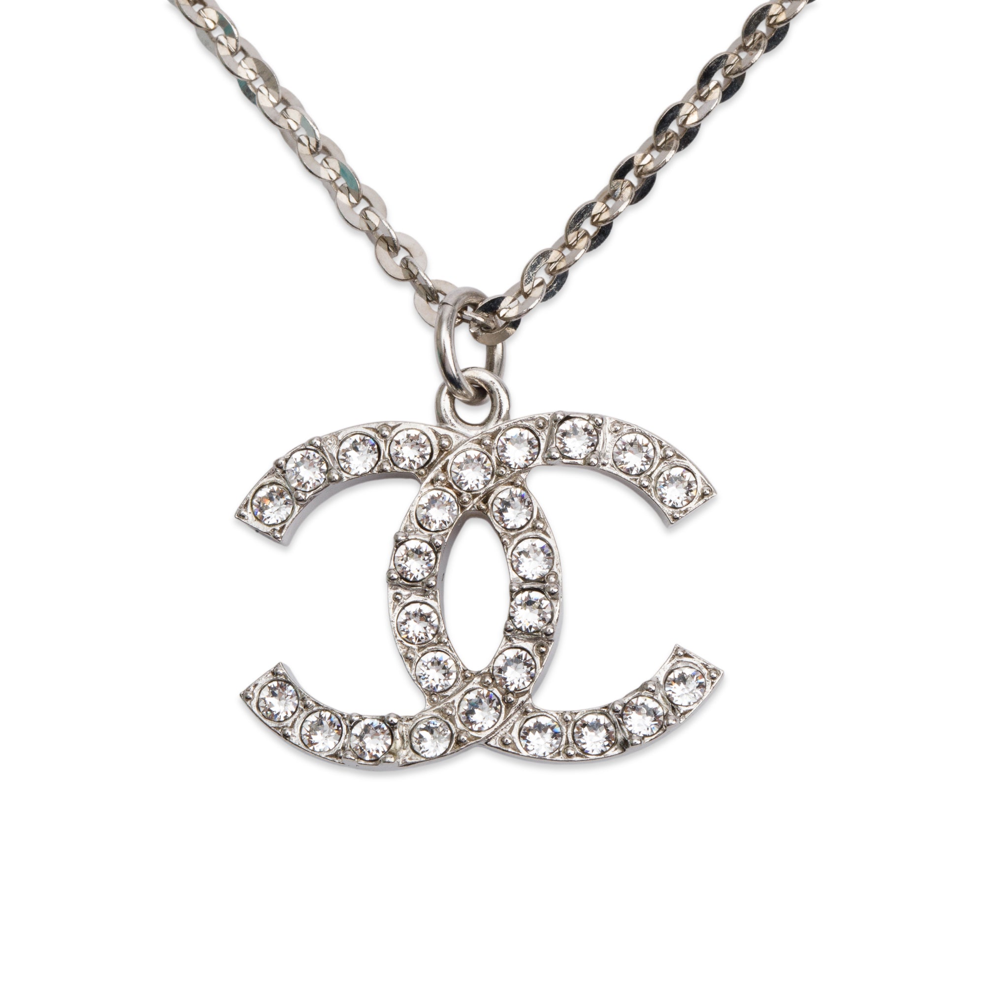 Chanel 2020 Palladium-Plated Strass & Faux Pearl CC Pendant Necklace w/ Box