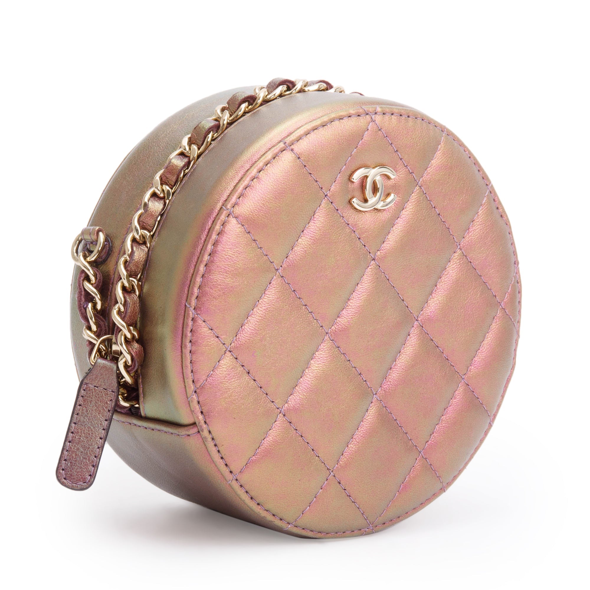 Chanel 2020 Purple Iridescent Calfskin Leather Round CC Chain Crossbody Bag w/ Authenticity Card