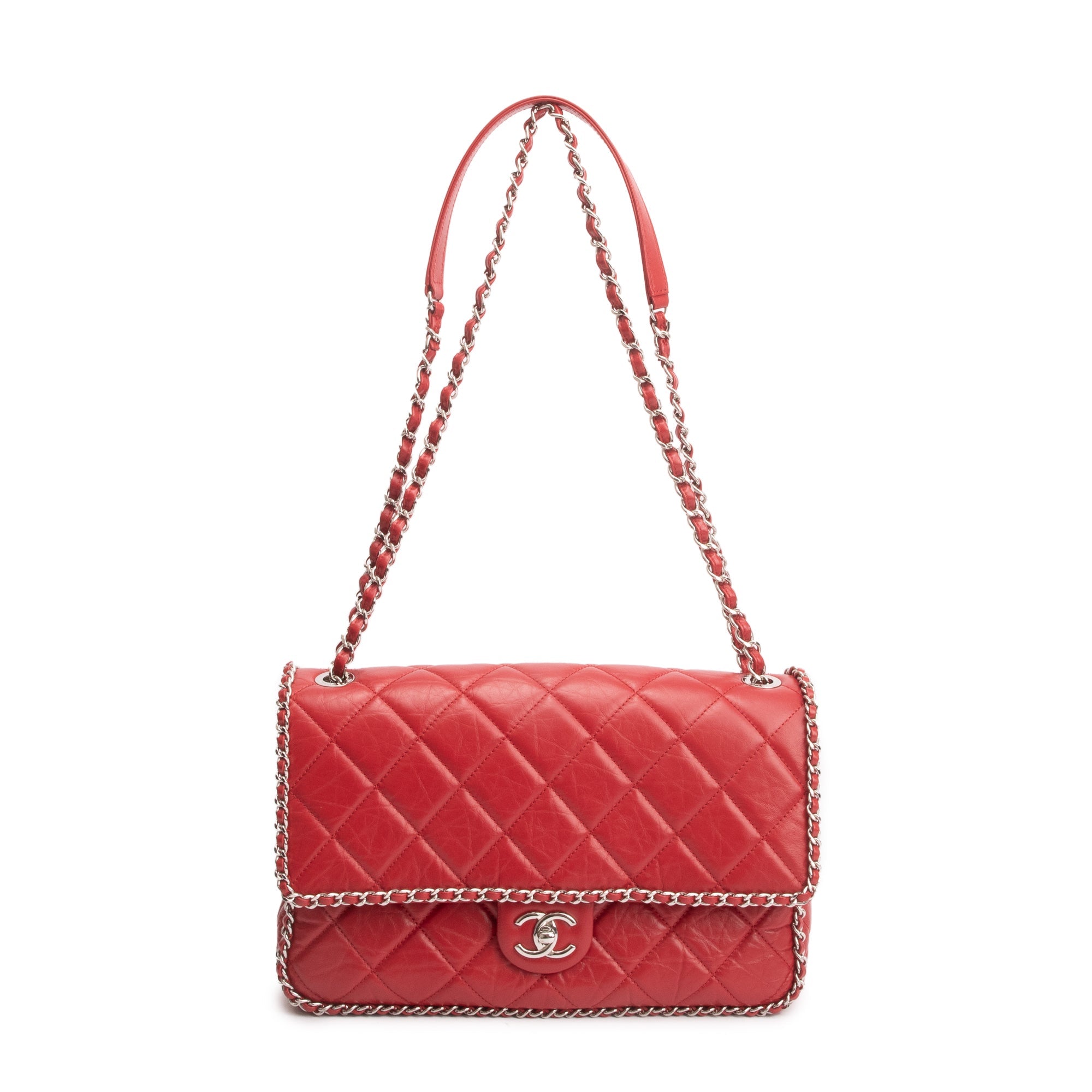 Chanel 2020 Red Quilted Calfskin Leather Large Running Chain Flap Bag w/ Authenticity Card