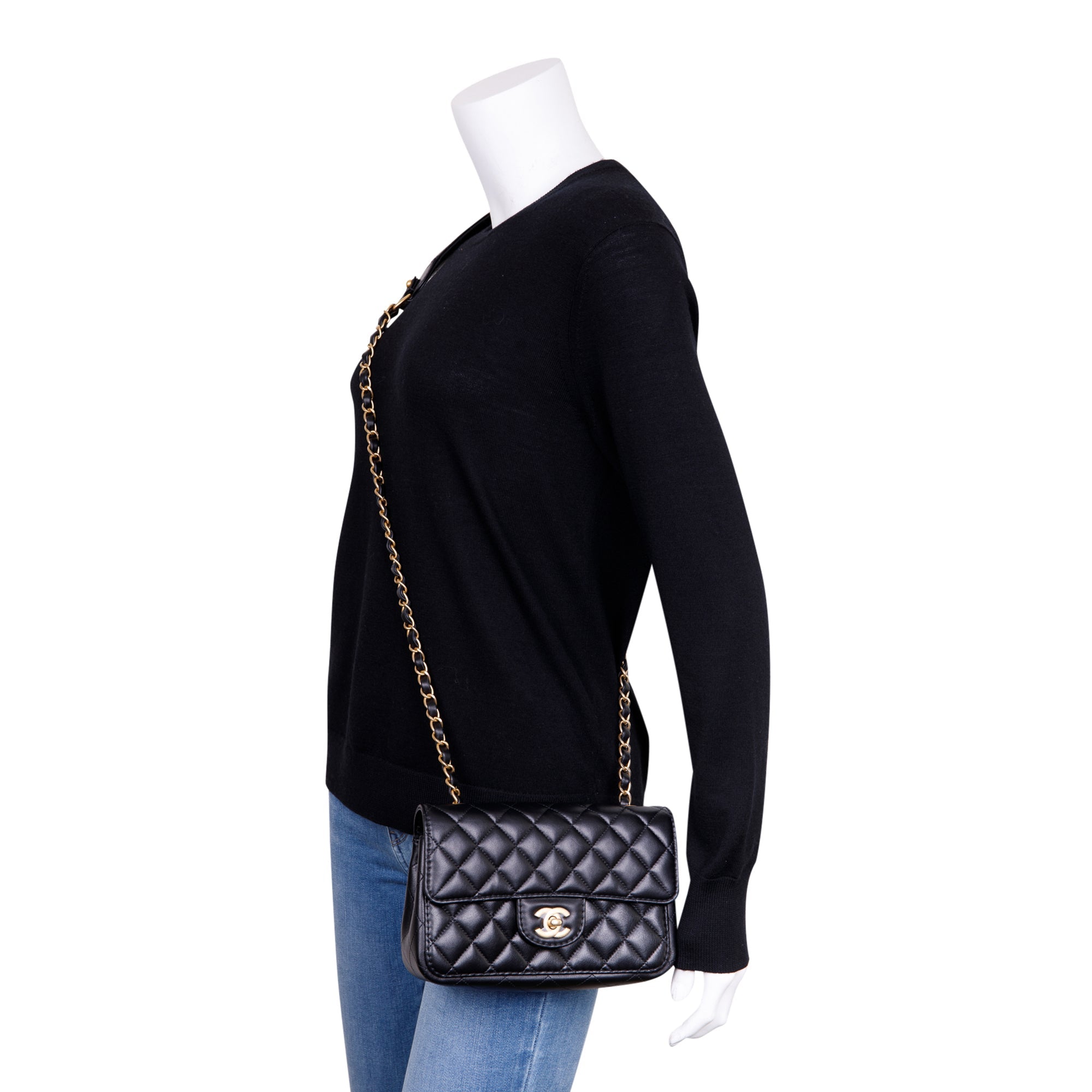 Chanel 2020 Small Black Lambskin Strap Into Flap Bag w/ Box & Authenticity Card